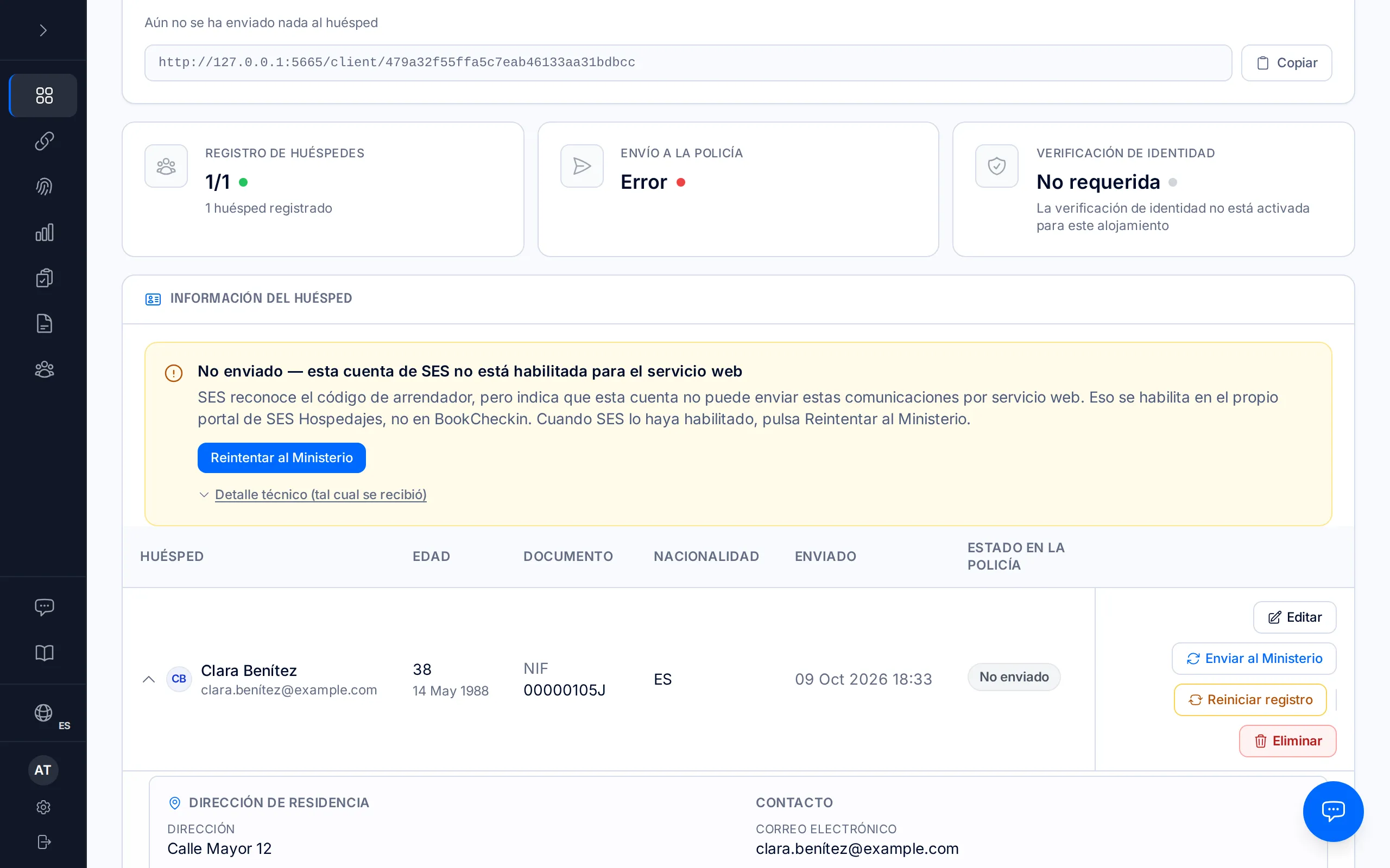 Ficha de una reserva con el aviso «No enviado — esta cuenta de SES no está habilitada para el servicio web».
