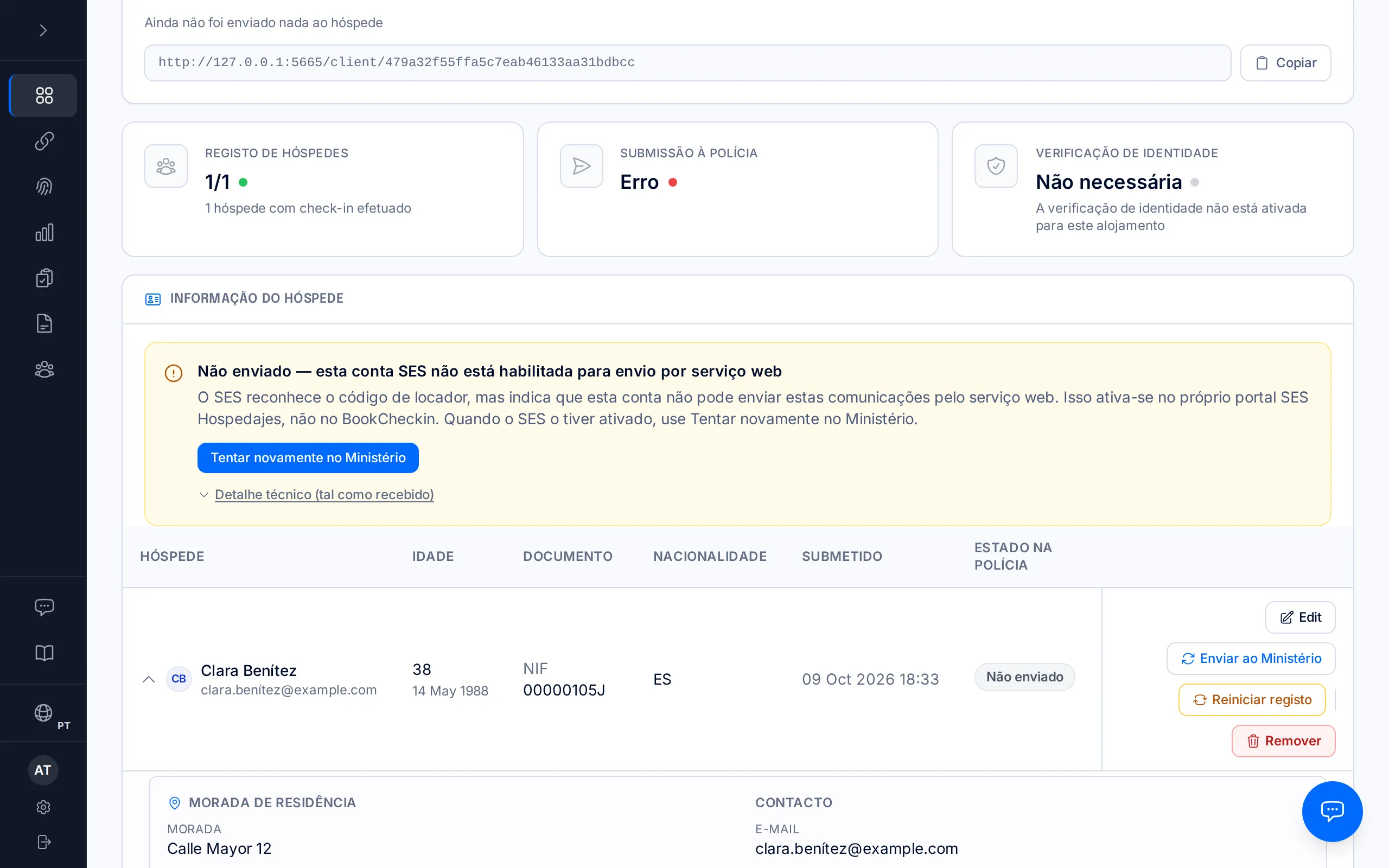 Página de uma reserva com o aviso «Não enviado — esta conta SES não está habilitada para envio por serviço web».