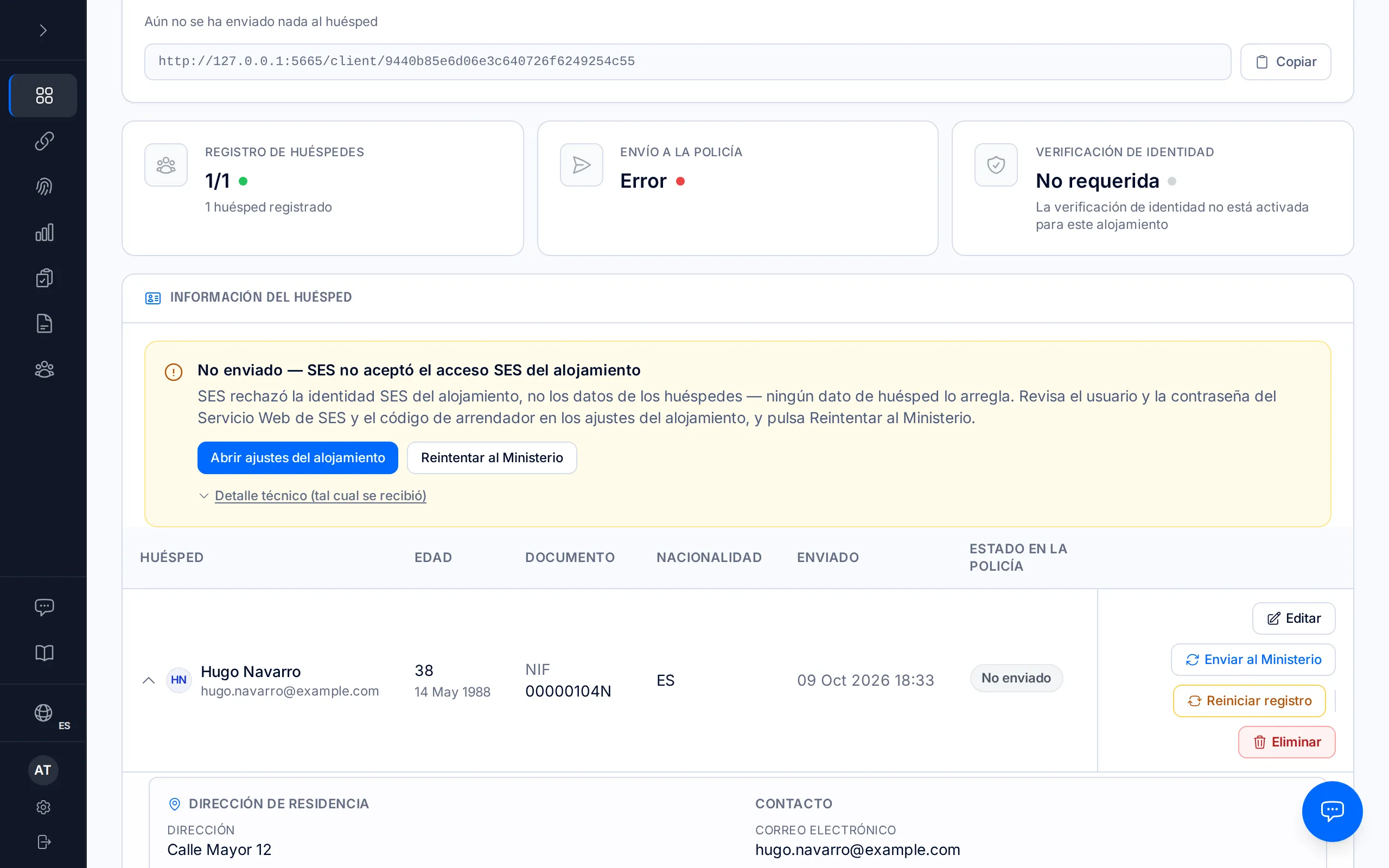 Ficha de una reserva con el aviso «No enviado — SES no aceptó el acceso SES del alojamiento».
