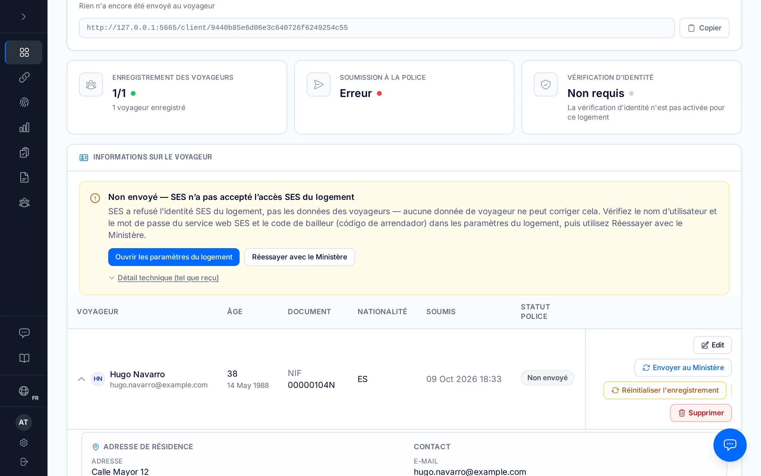 Page d'une réservation avec l'avis « Non envoyé — SES n'a pas accepté l'accès SES du logement ».