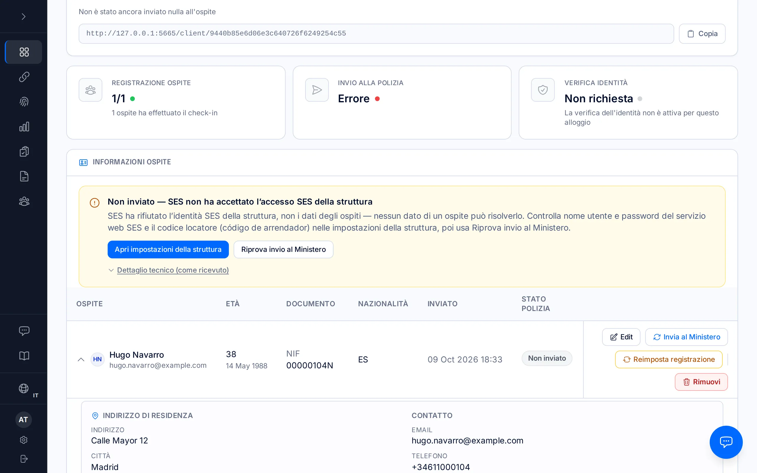 Pagina di una prenotazione con l'avviso «Non inviato — SES non ha accettato l'accesso SES della struttura».