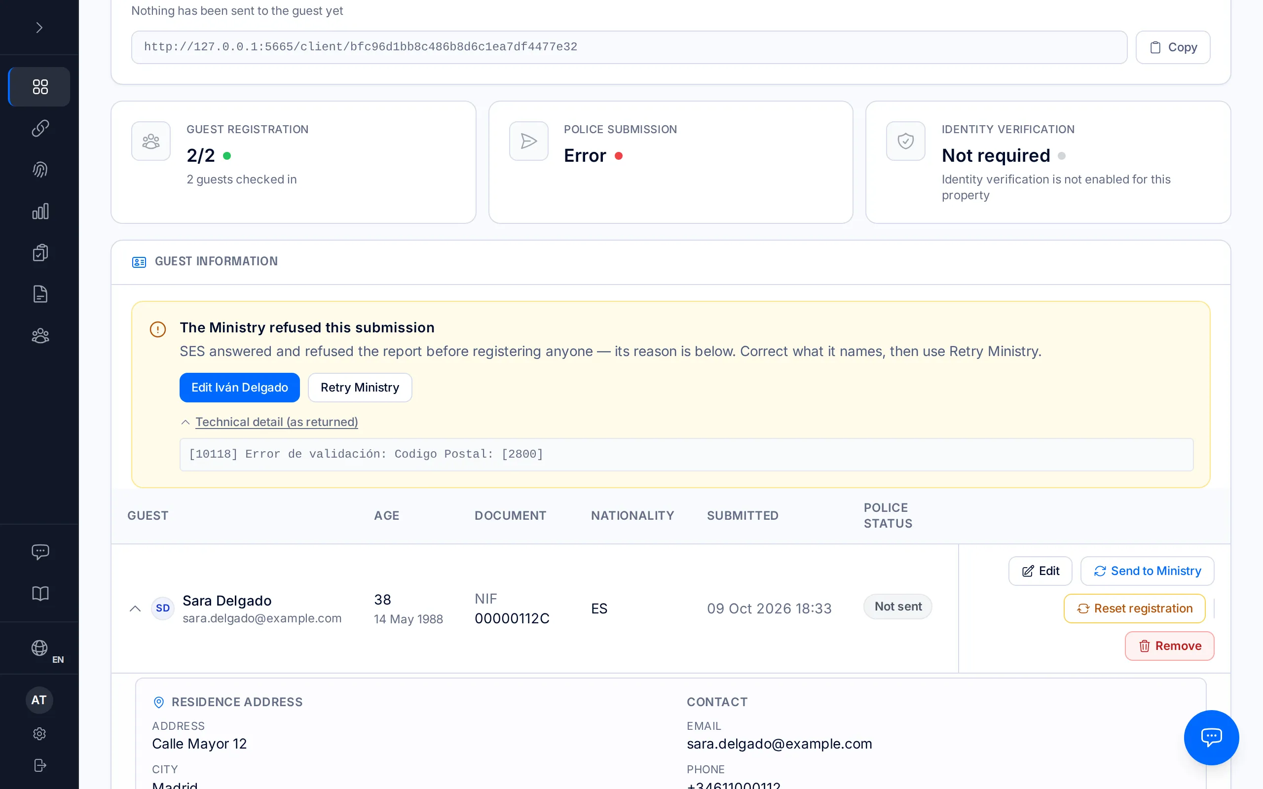 A booking's page with the notice "The Ministry refused this submission", its reason and the Edit and Retry Ministry buttons.