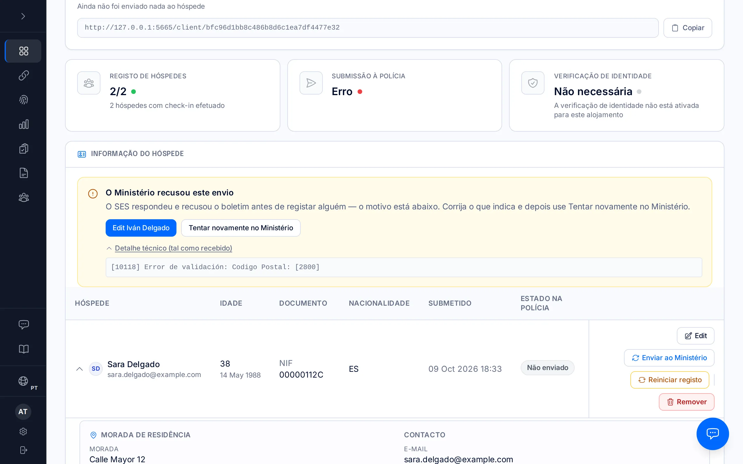 Página de uma reserva com o aviso «O Ministério recusou este envio», o motivo e os botões Edit e Tentar novamente no Ministério.