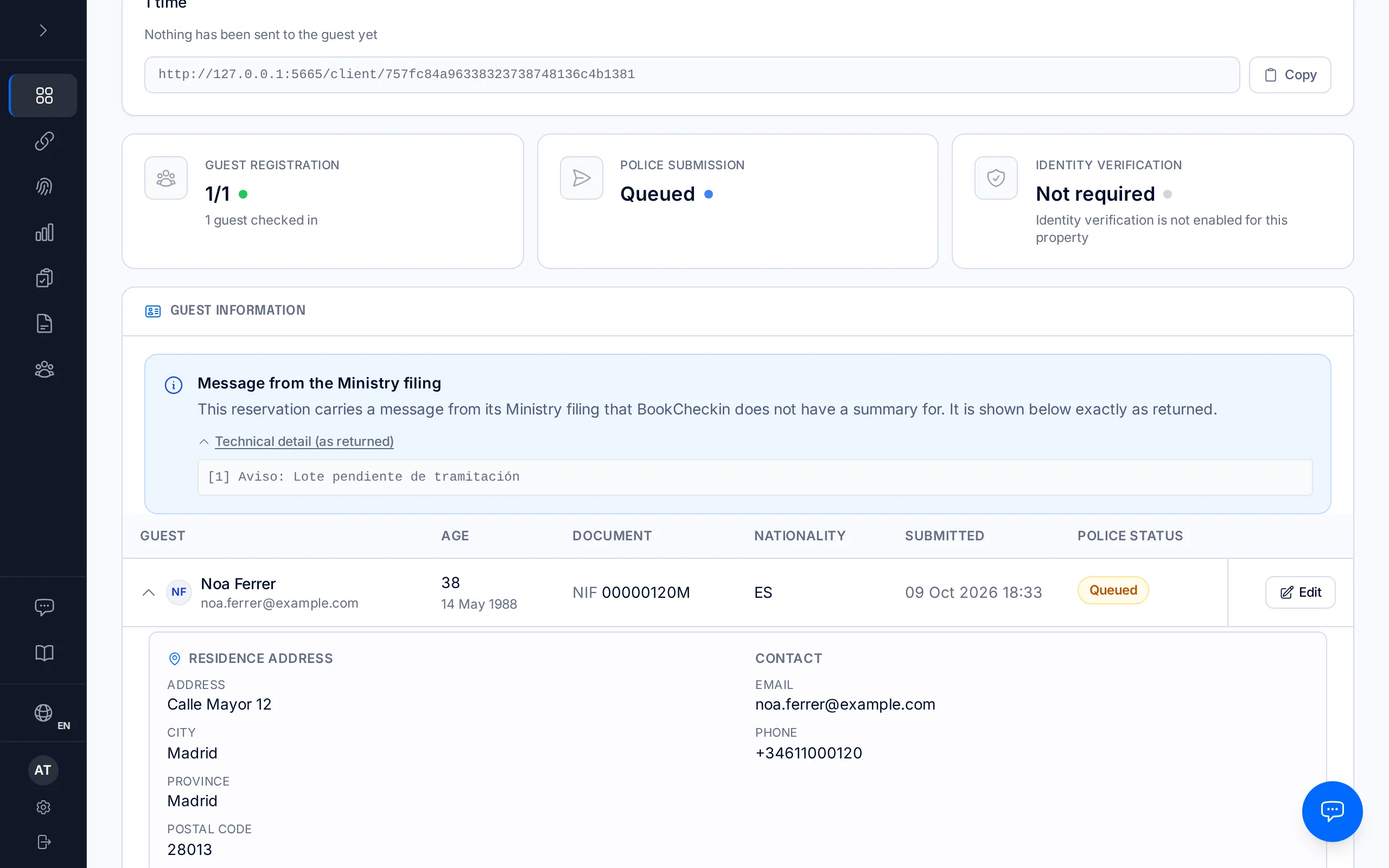 A booking's page with the blue notice "Message from the Ministry filing" and the text as returned.