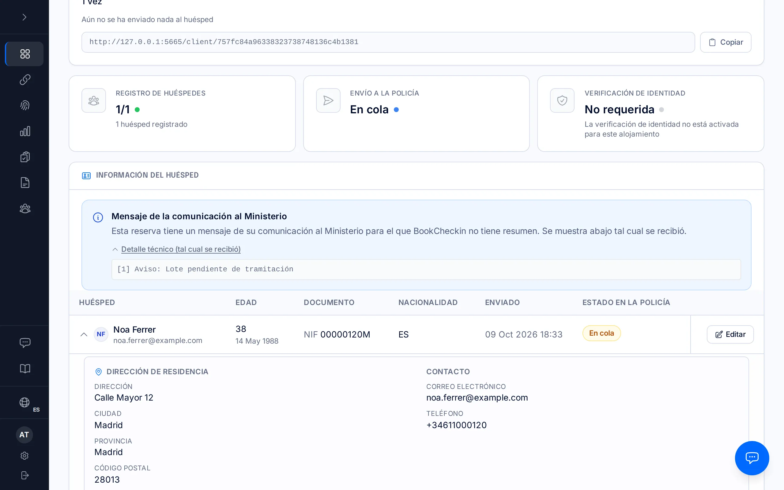 Ficha de una reserva con el aviso azul «Mensaje de la comunicación al Ministerio» y el texto tal cual se recibió.