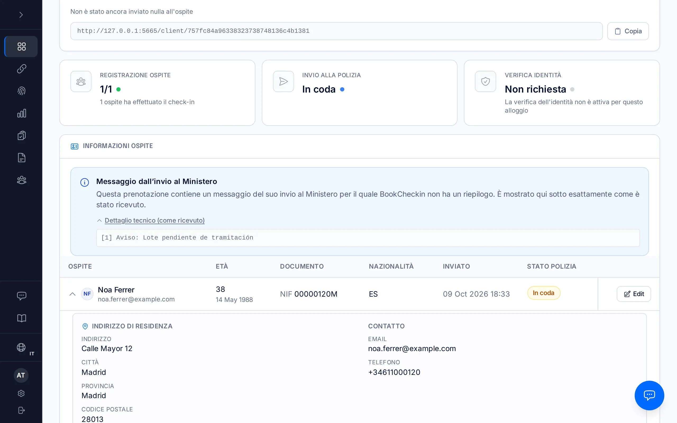 Pagina di una prenotazione con l'avviso blu «Messaggio dall'invio al Ministero» e il testo come ricevuto.
