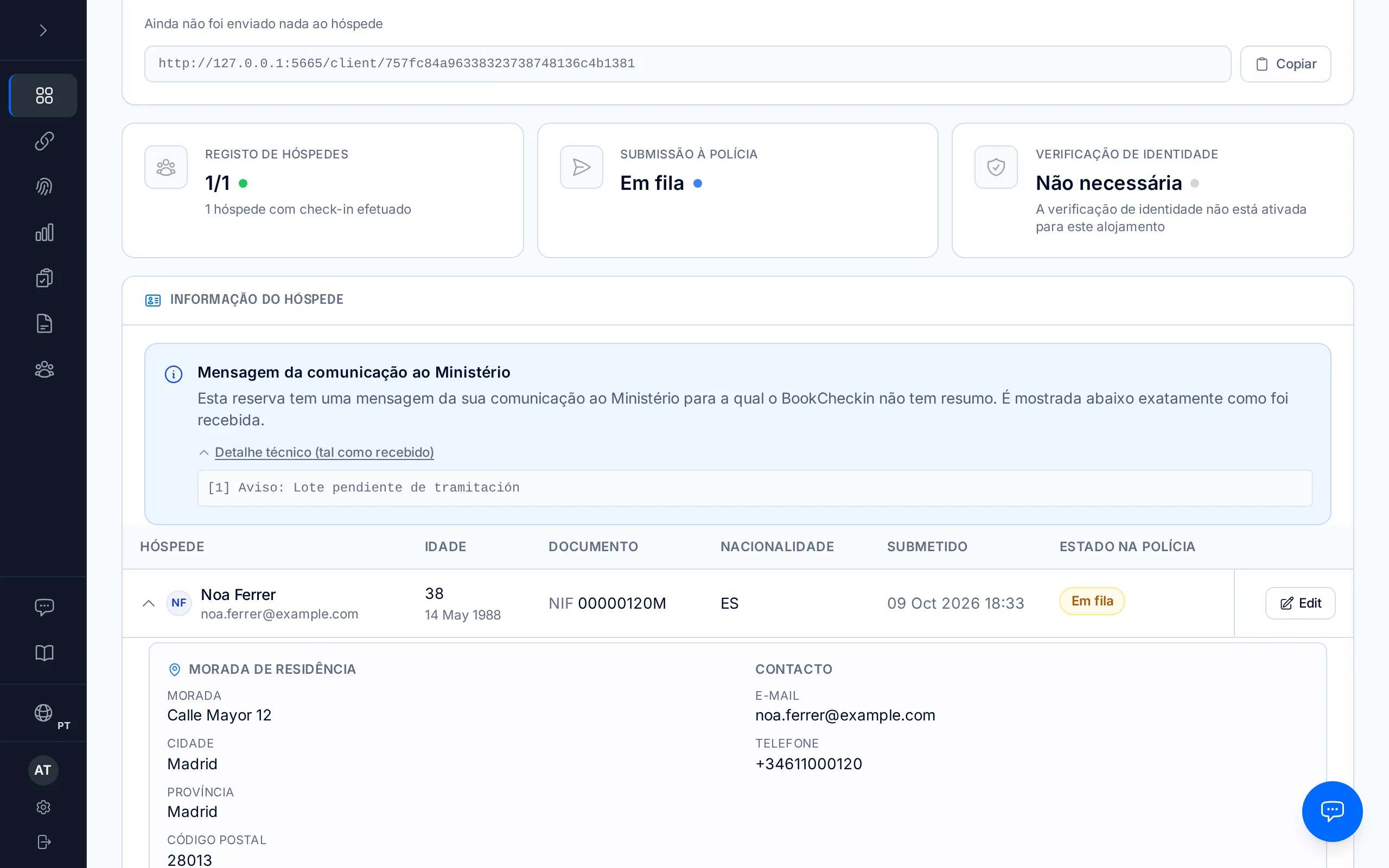 Página de uma reserva com o aviso azul «Mensagem da comunicação ao Ministério» e o texto tal como foi recebido.