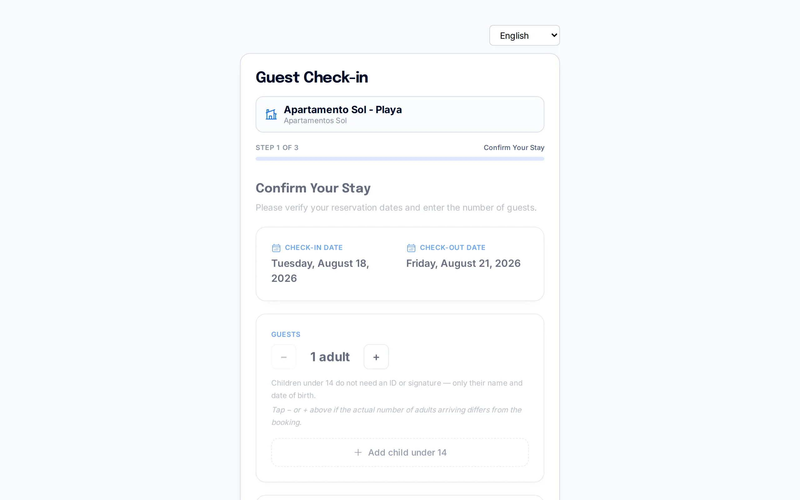 First screen of the check-in portal the guest sees, with the language selector and progress bar
