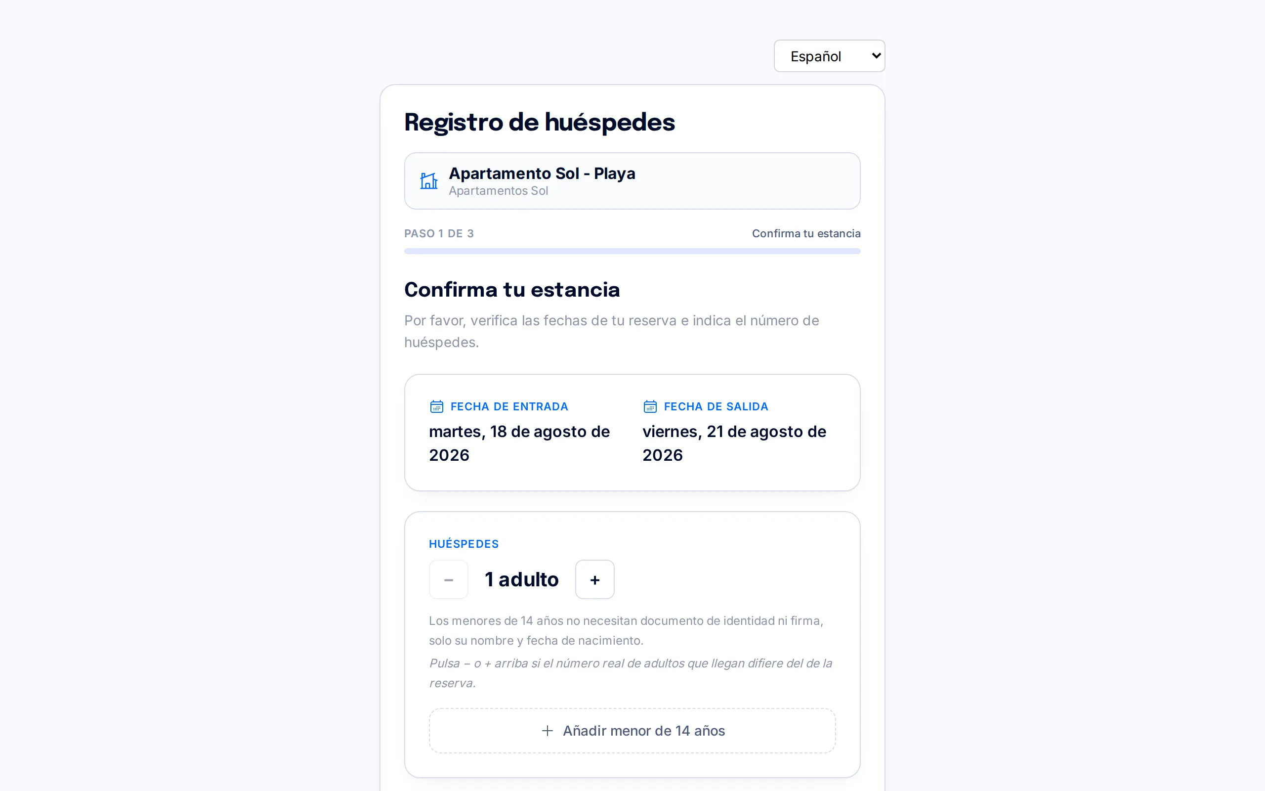Primera pantalla del portal de check-in que ve el huésped, con el selector de idioma y la barra de progreso