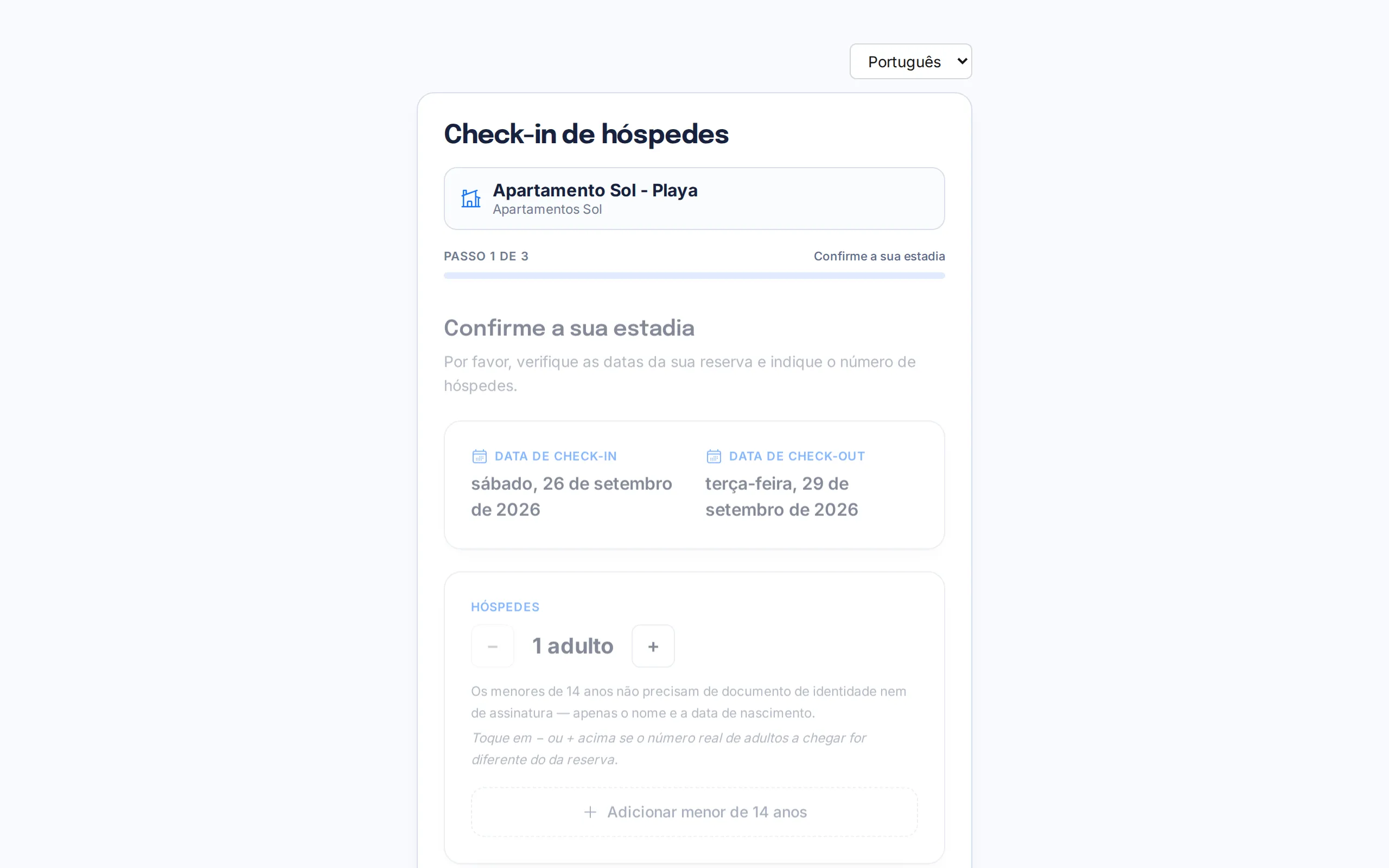 Primeiro ecrã do portal de check-in visto pelo hóspede, com o seletor de idioma e a barra de progresso
