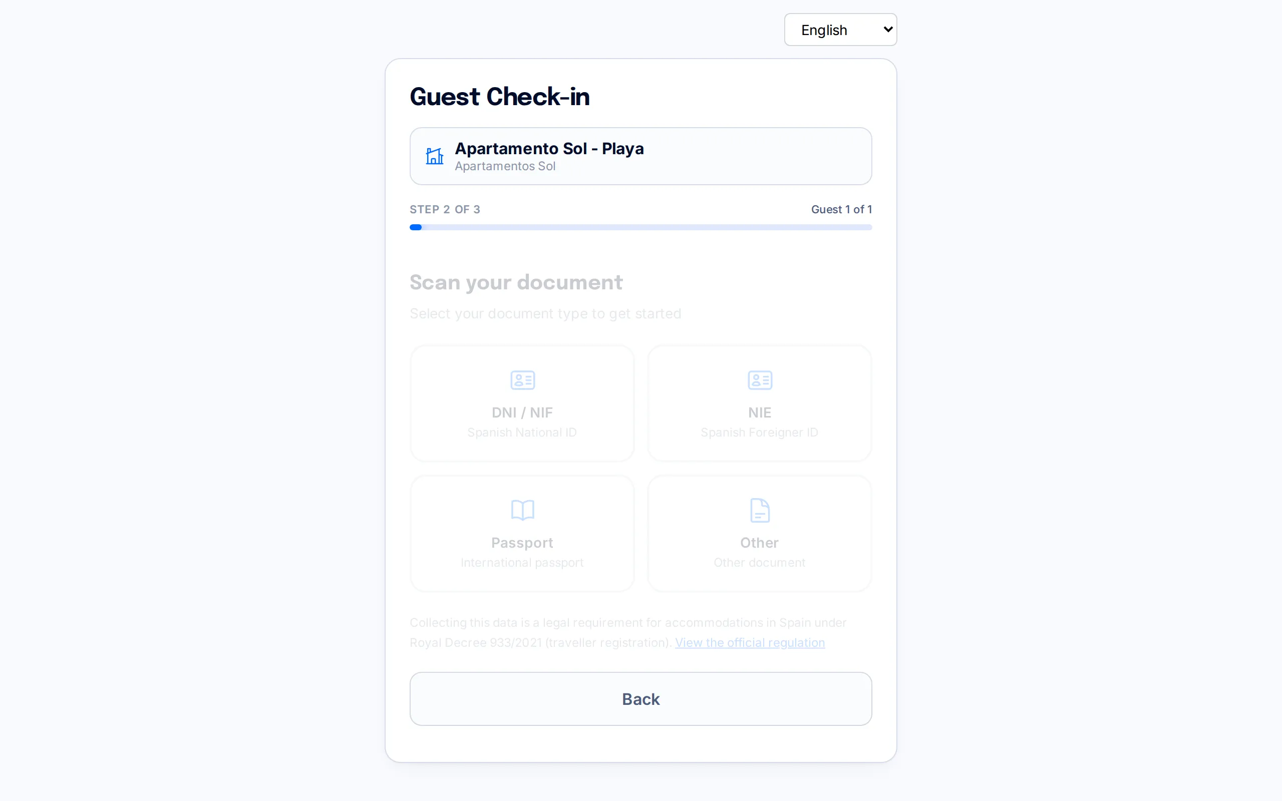Document-type selector (DNI/NIF, NIE, passport or other) in the check-in portal