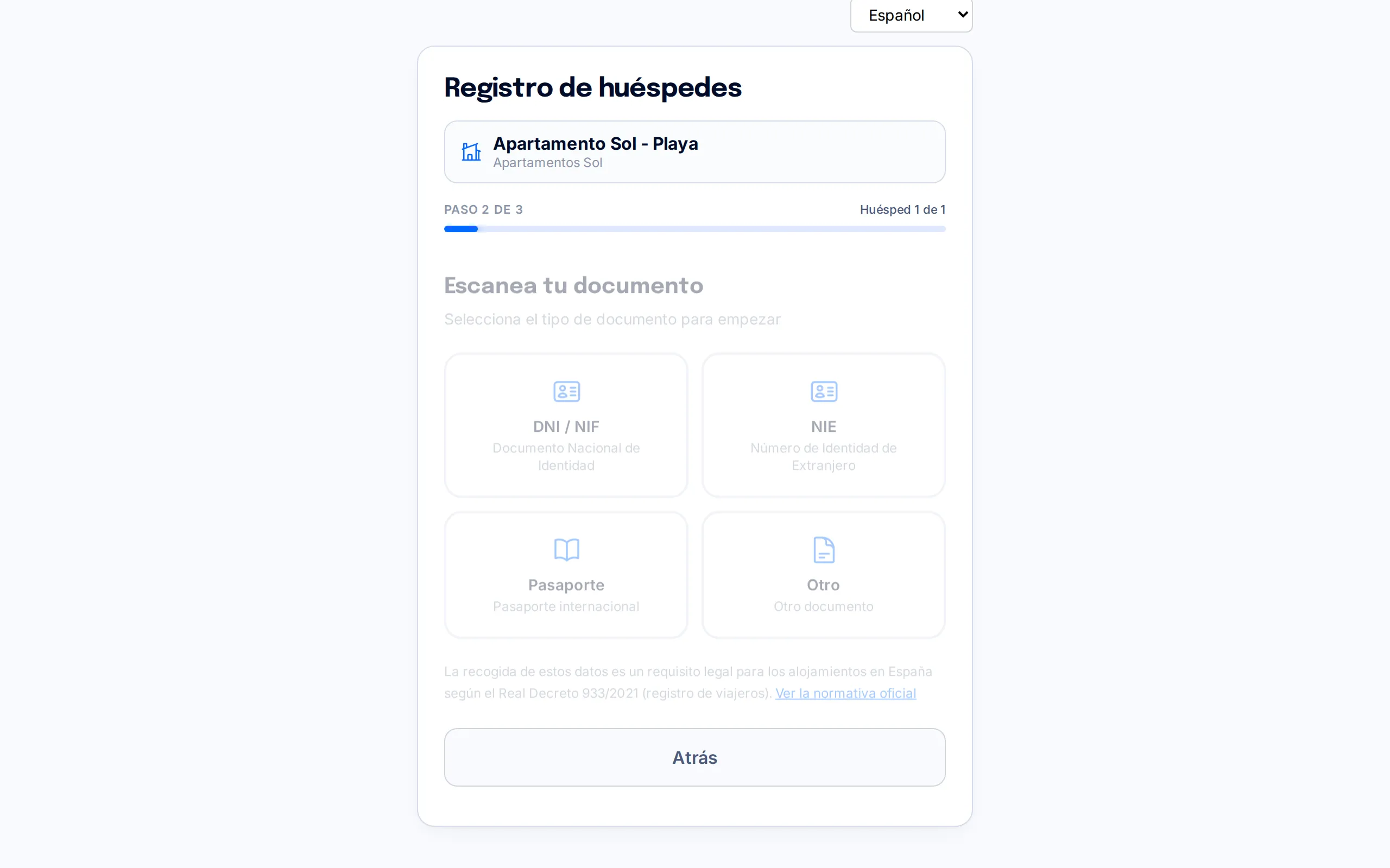 Selector de tipo de documento (DNI/NIF, NIE, pasaporte u otro) en el portal de check-in