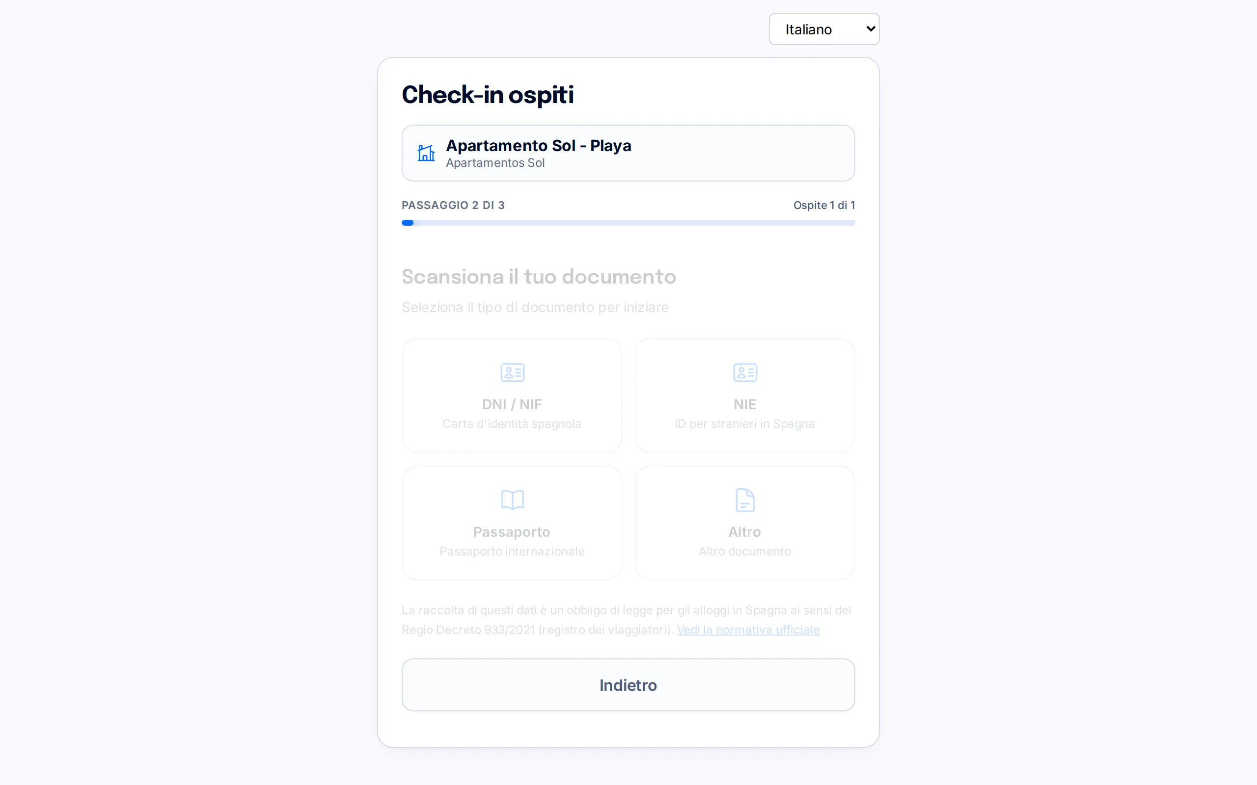 Selettore del tipo di documento (DNI / NIF, NIE, passaporto o altro) nel portale di check-in