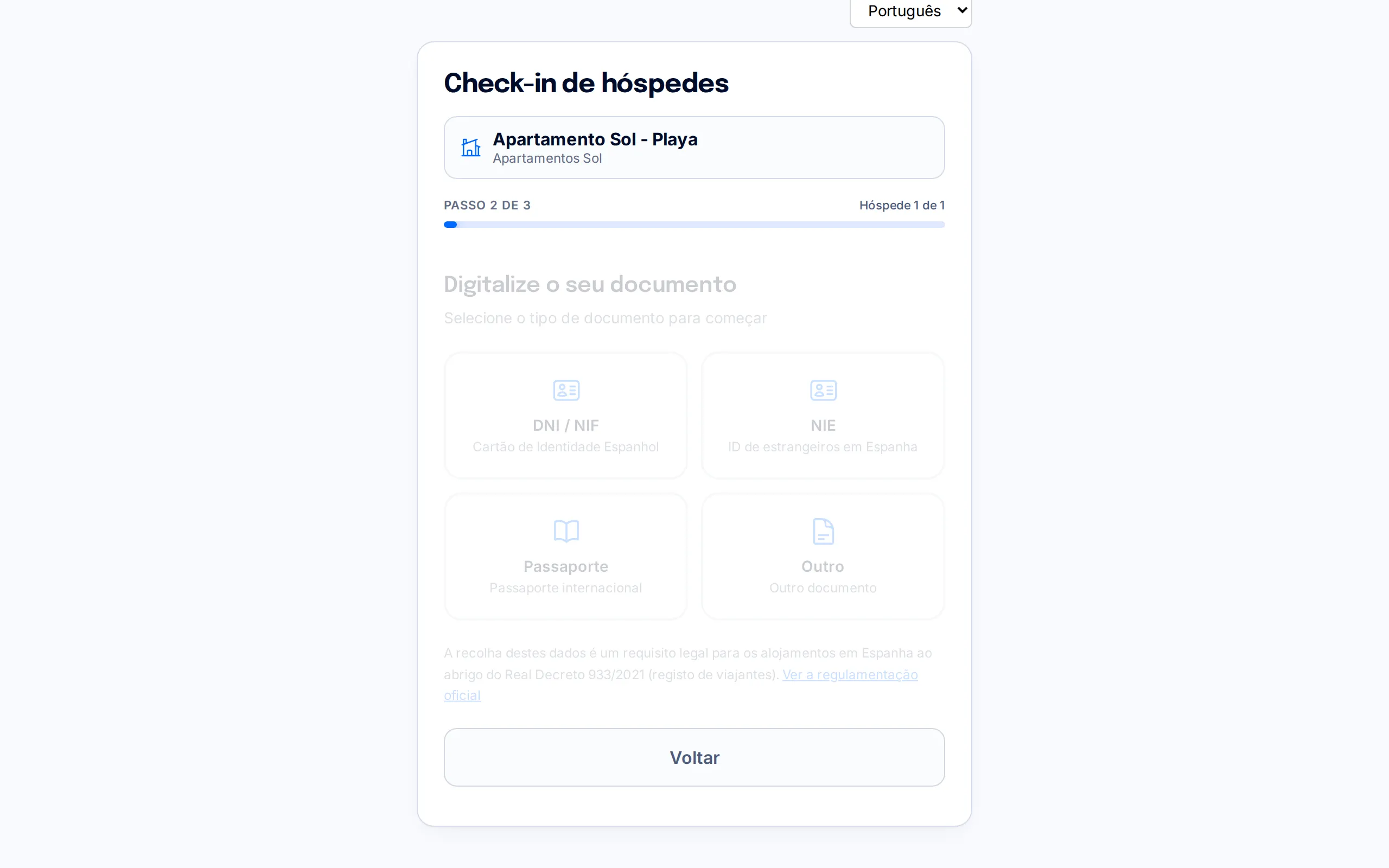 Seletor do tipo de documento (DNI / NIF, NIE, passaporte ou outro) no portal de check-in