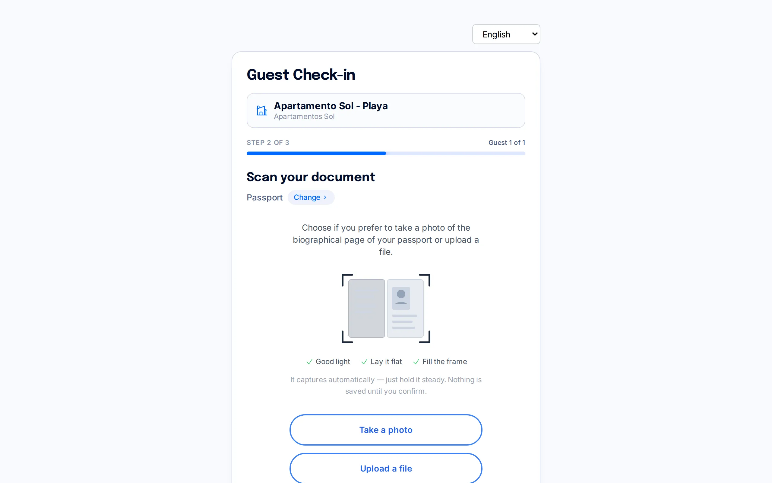 Document-scanning screen with the option to use the camera or upload a photo