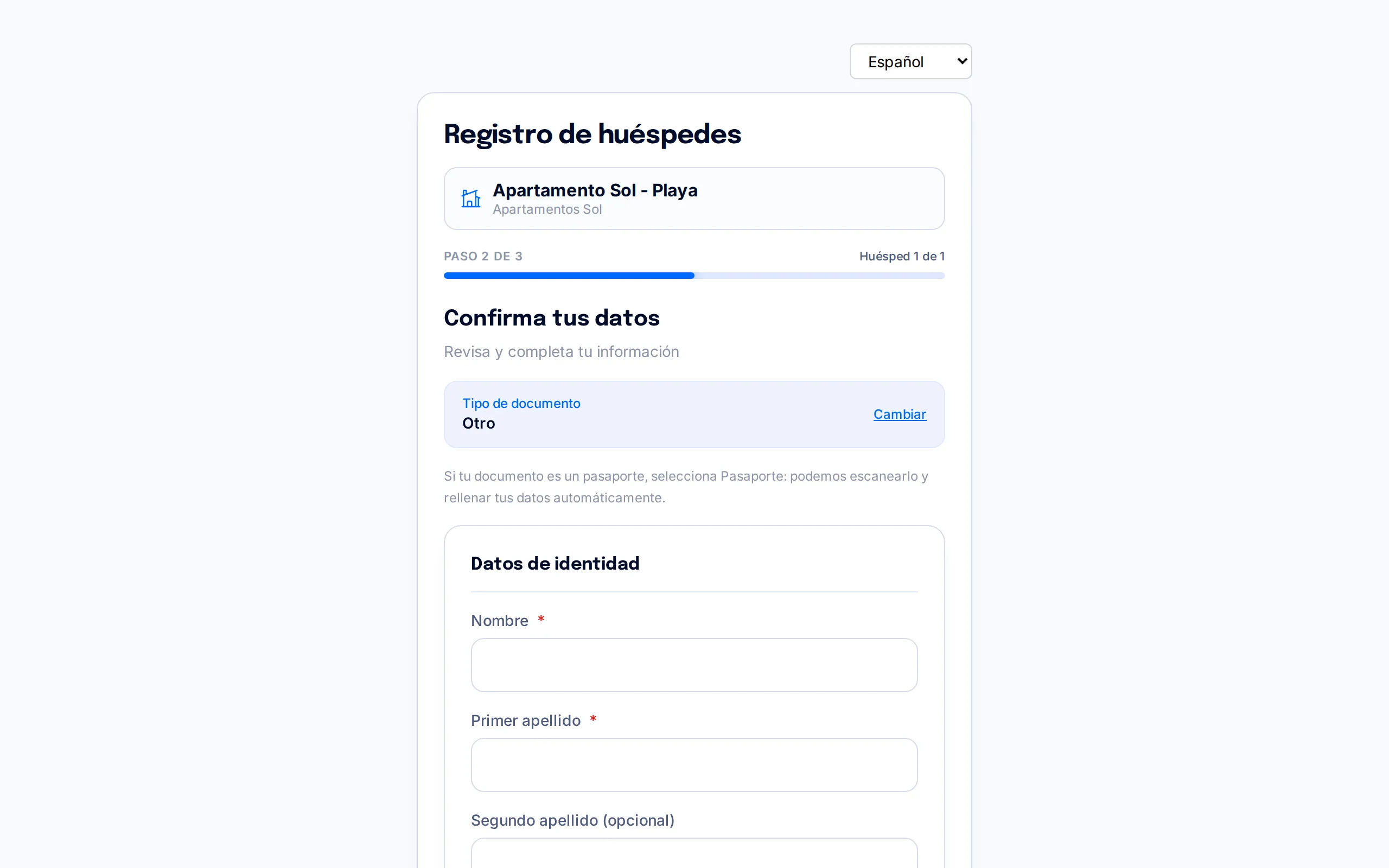 Formulario de datos del huésped con el recuadro de firma en la parte inferior de la misma pantalla