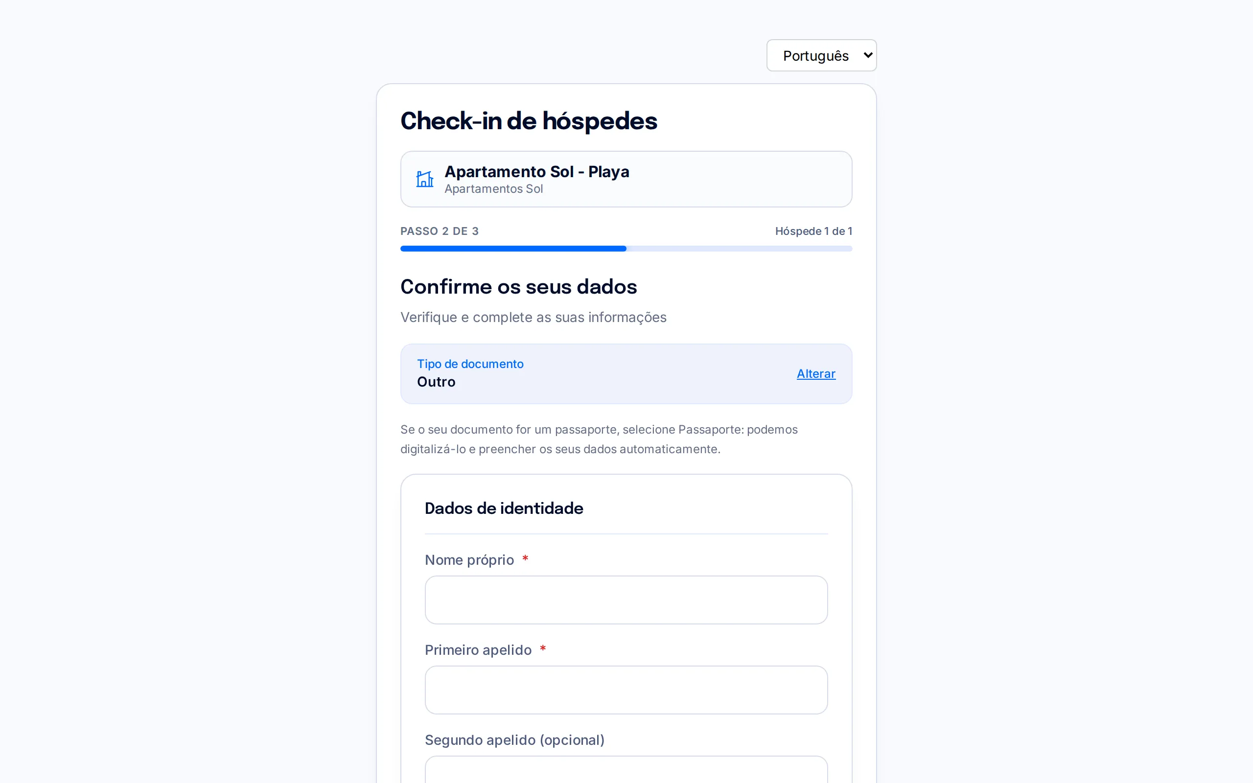 Formulário com os dados do hóspede e o quadro da assinatura na parte inferior do mesmo ecrã