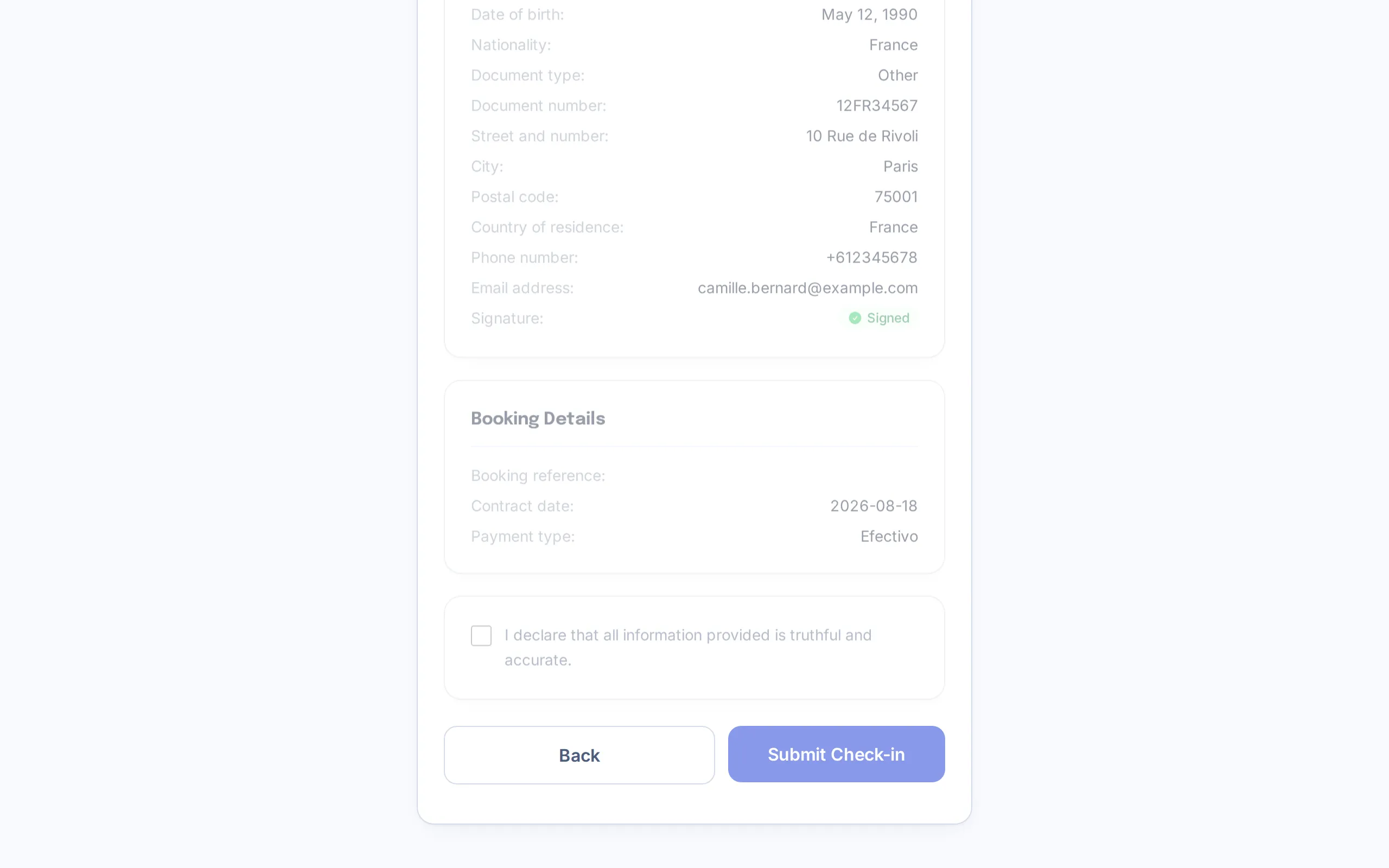Final review screen with the truthfulness-declaration checkbox and the submit-registration button