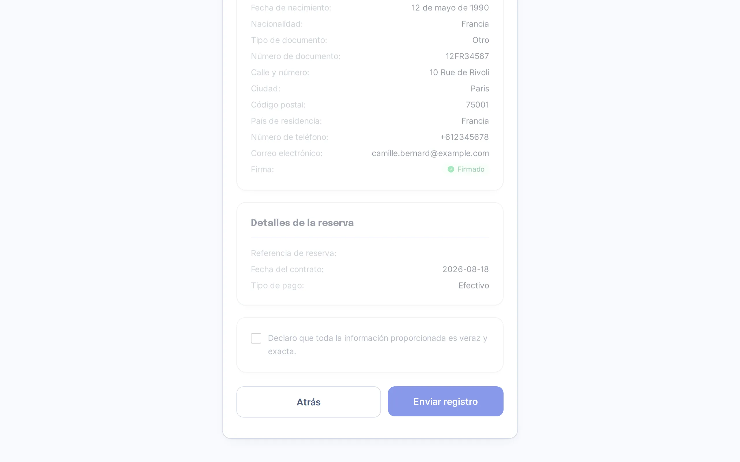 Pantalla final de revisión de datos con la casilla de declaración de veracidad y el botón de enviar registro
