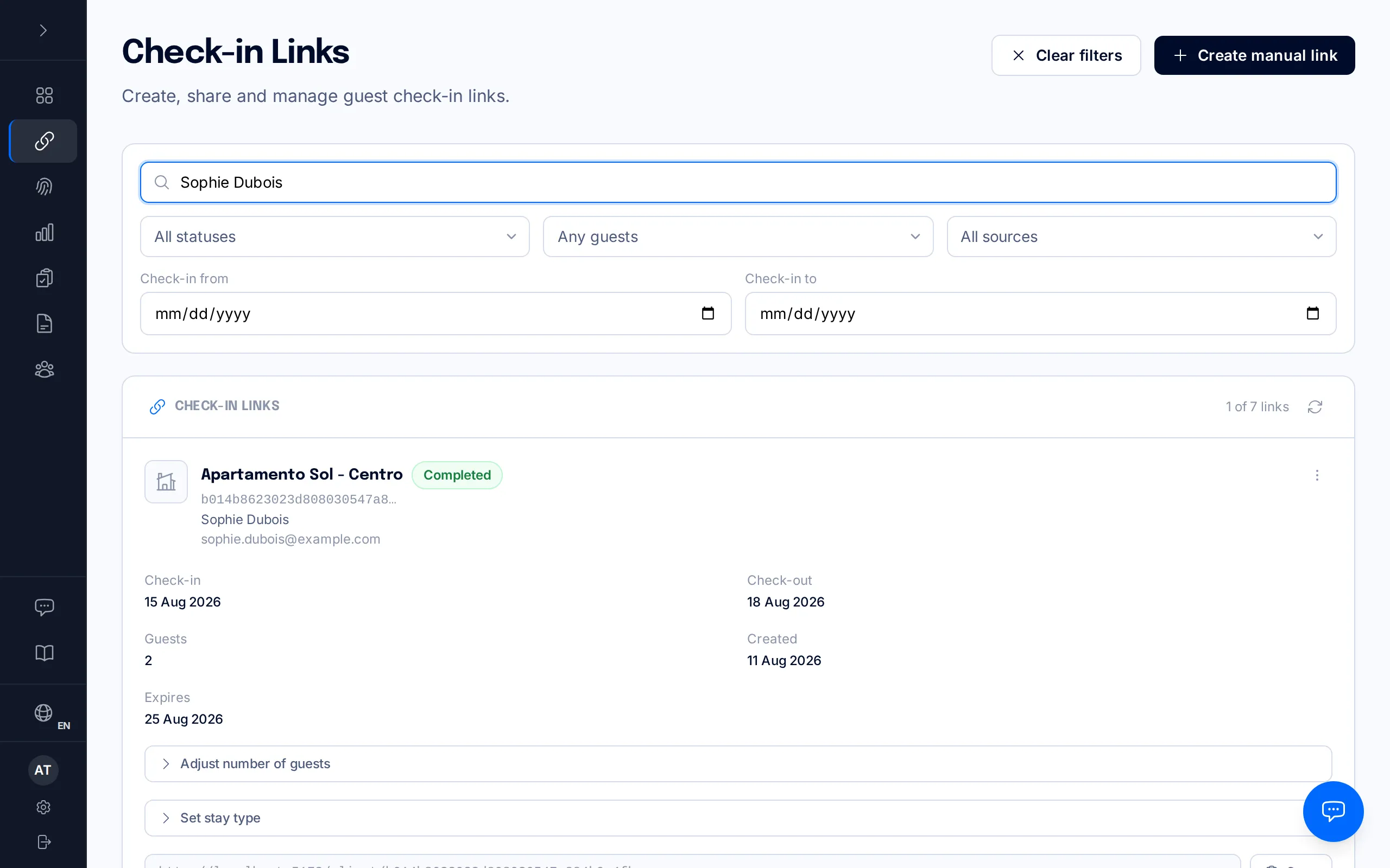 Owner's Links panel showing a link card with Completed status