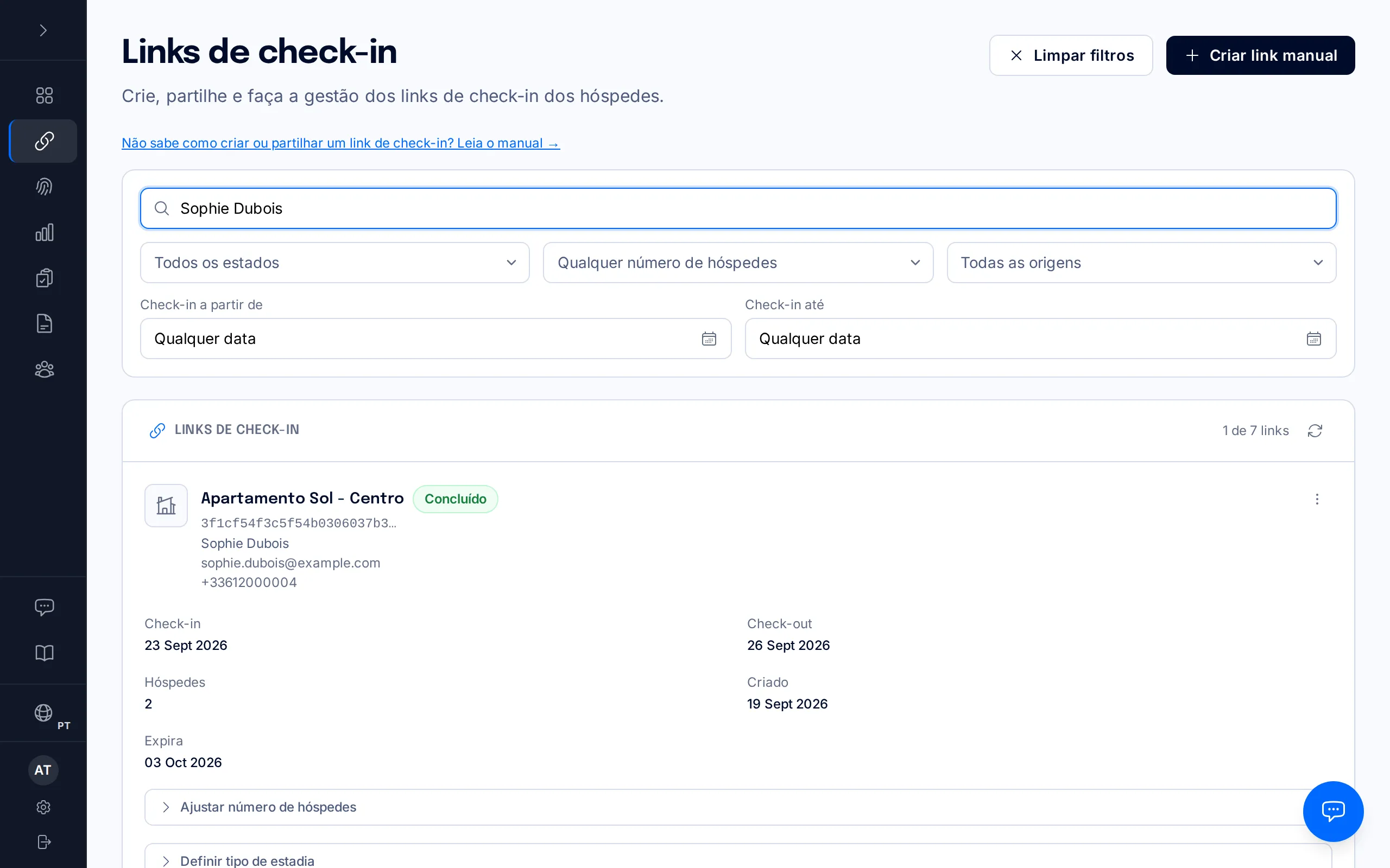 Painel Links do proprietário a mostrar um cartão de link com o estado Concluído