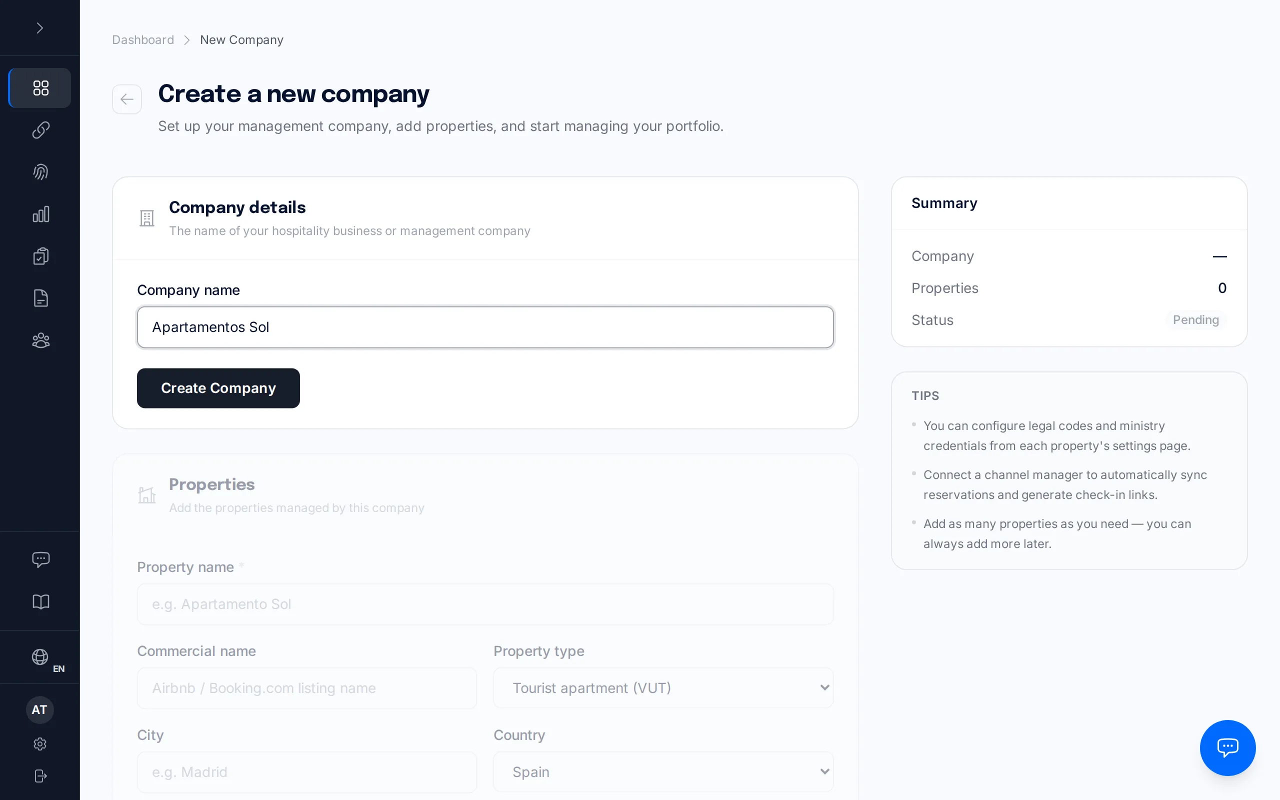 New company form in BookCheckin, with the name field and the Create Company button.