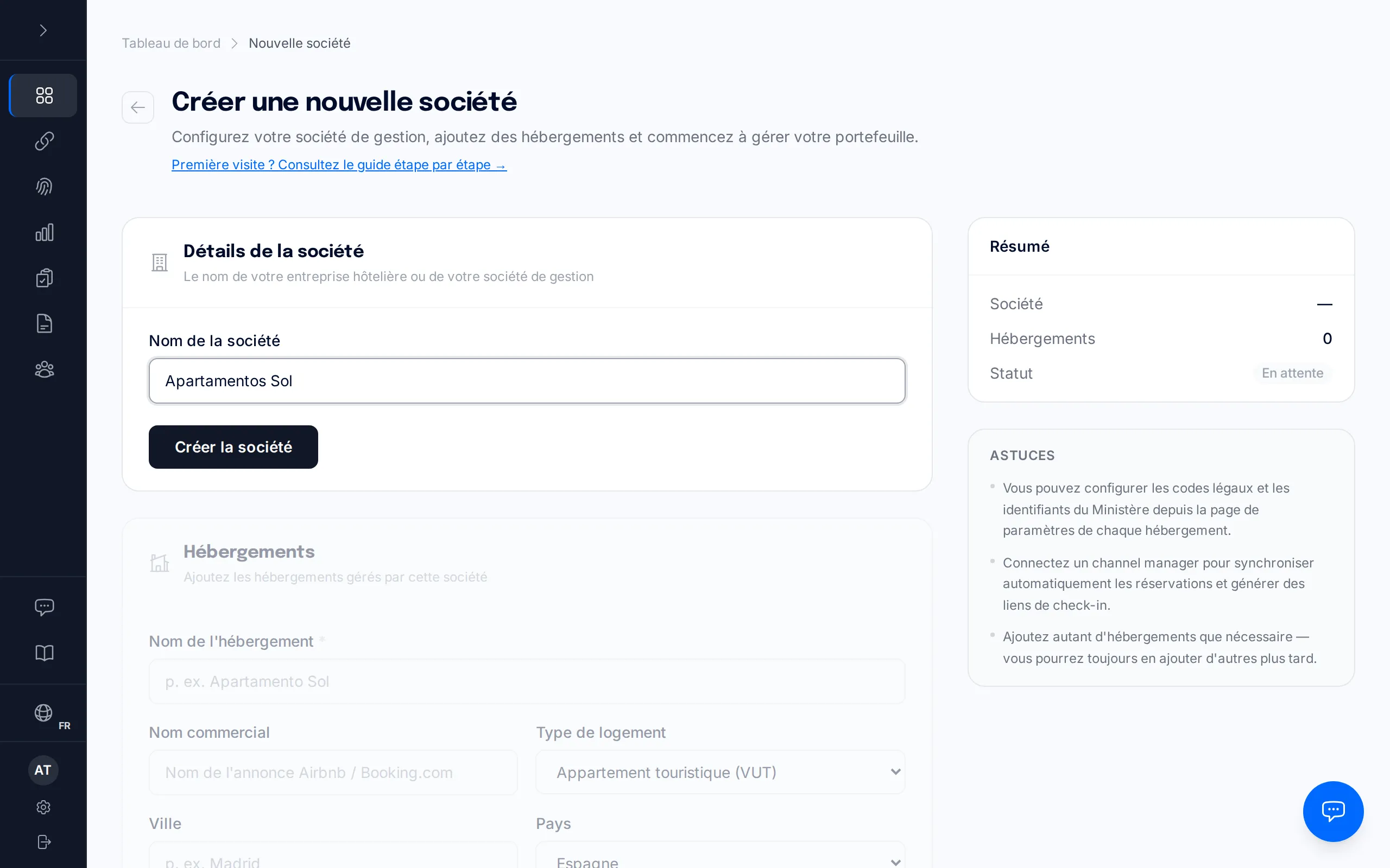 L'écran « Configurez votre hébergement », avec le nom, la localisation et les identifiants du service web.