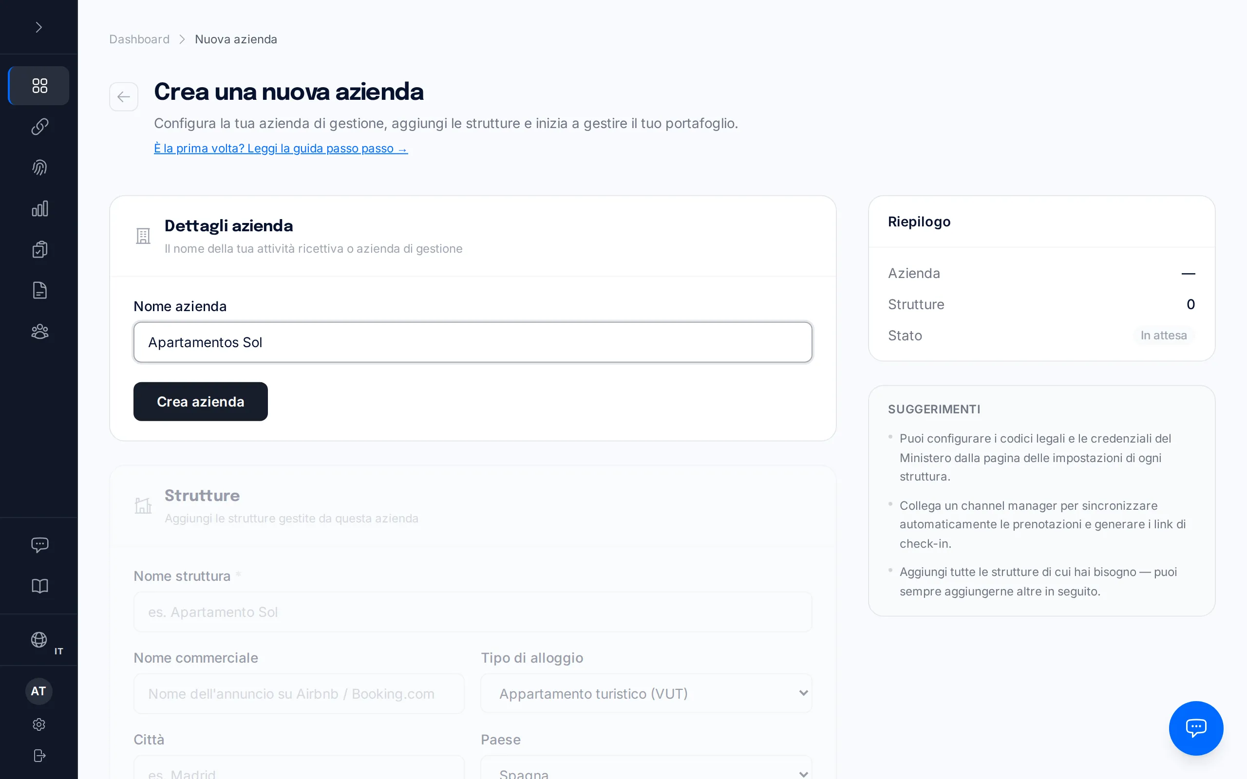 La schermata «Configura la tua struttura», con il nome, la posizione e le credenziali del servizio web.