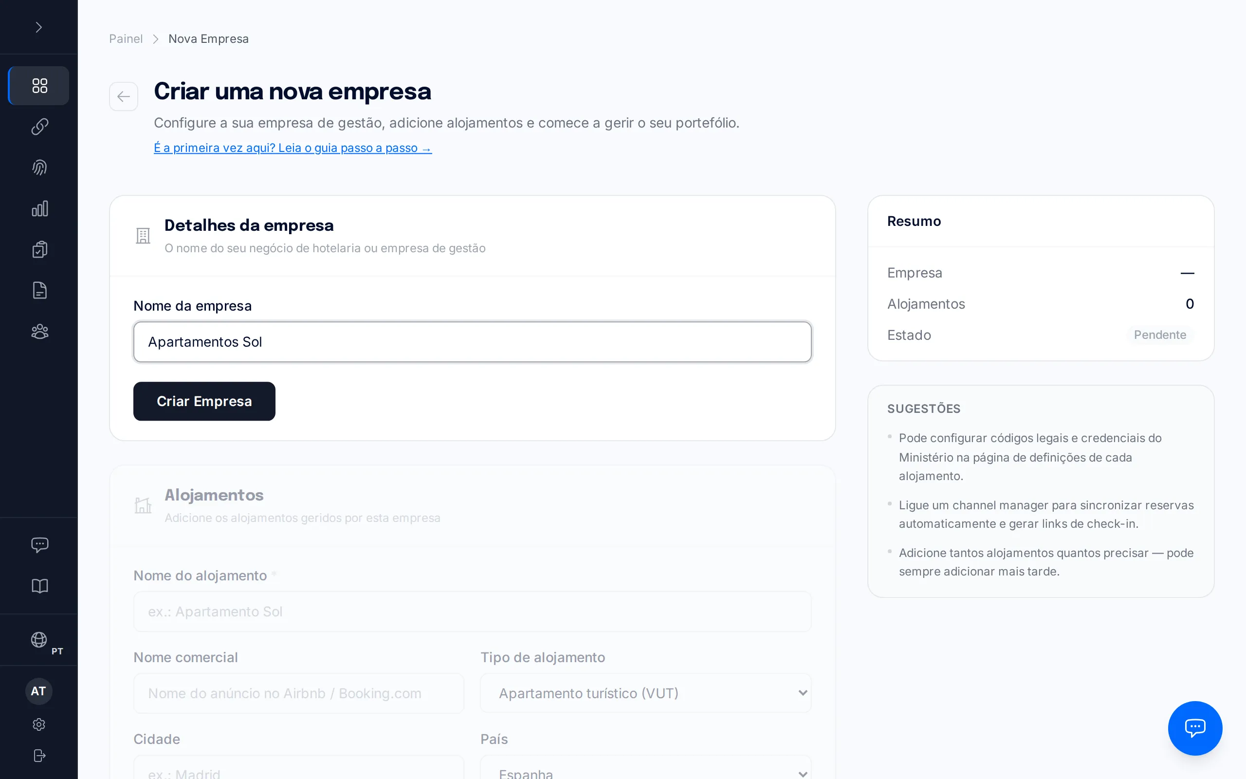 O ecrã «Configure o seu alojamento», com o nome, a localização e as credenciais do serviço web.