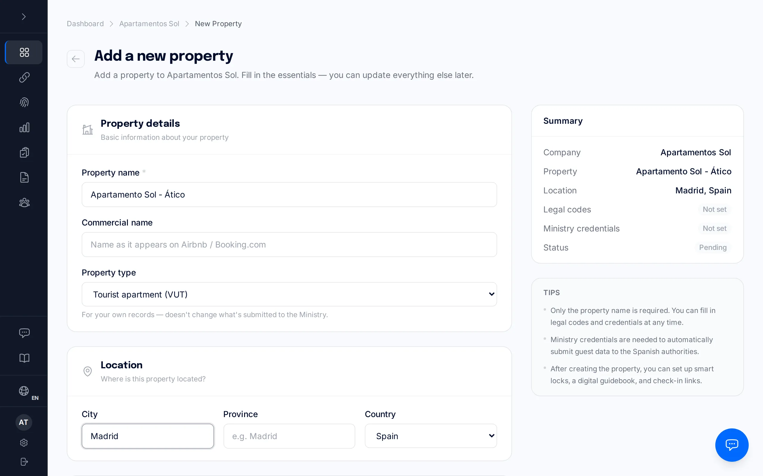 New property form with the property name, type, and city fields.