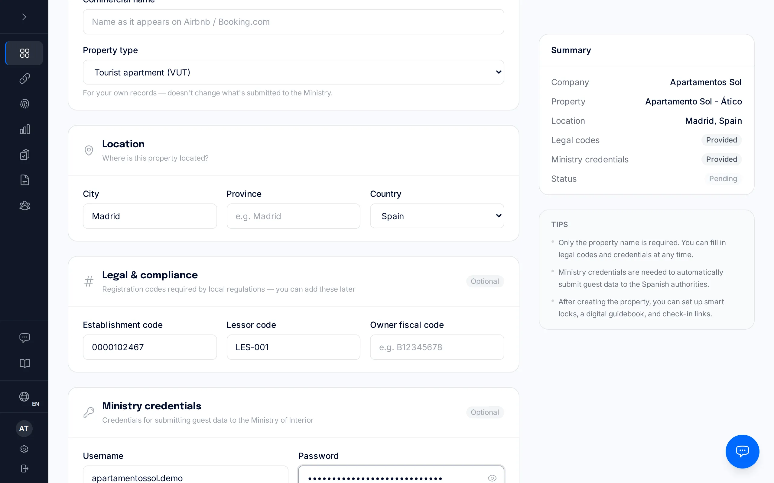 Ministry credentials section with the username and password fields.