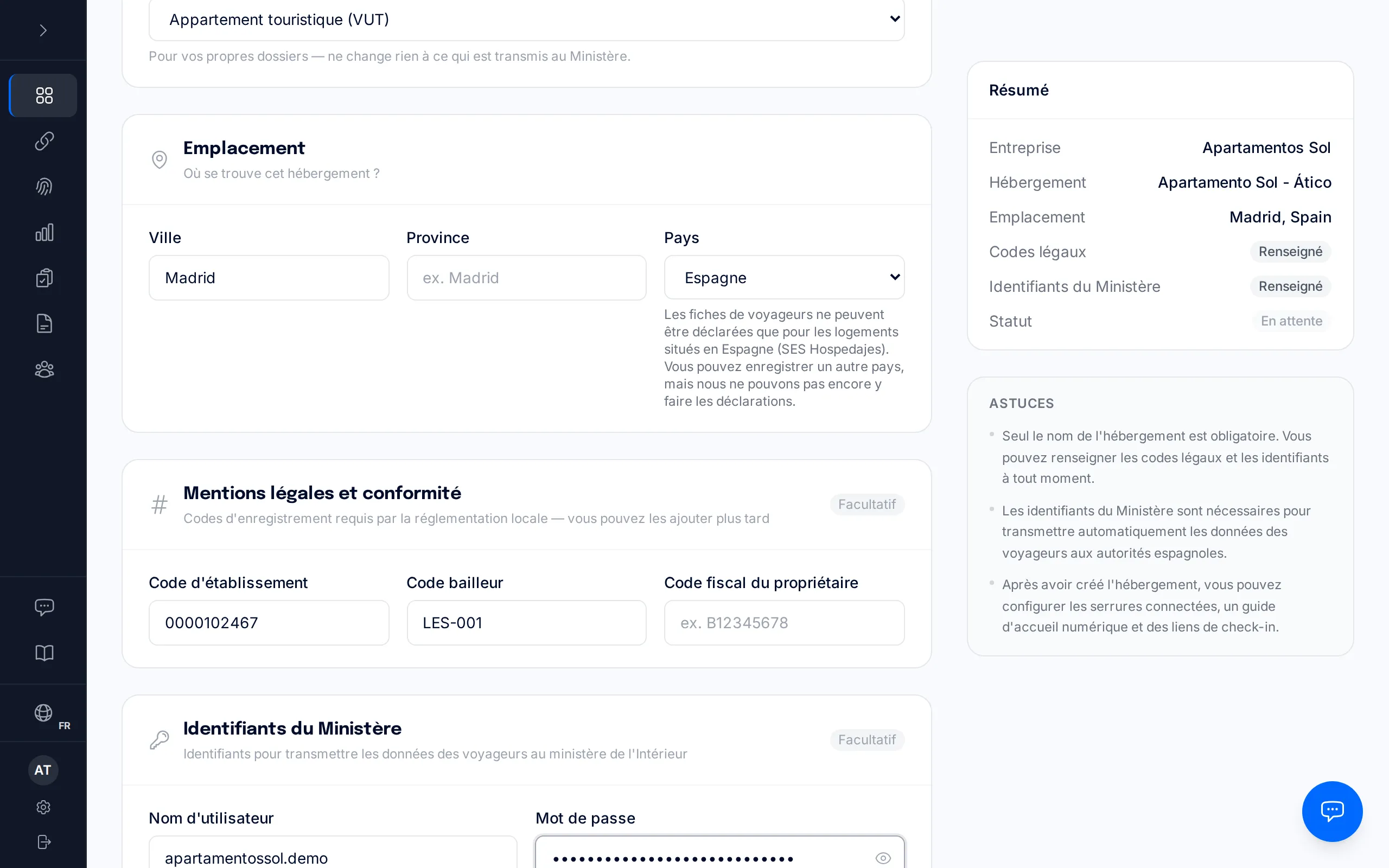 Section des identifiants du ministère dans le formulaire de bien de BookCheckin, avec les champs d’identifiant et de mot de passe du service web.