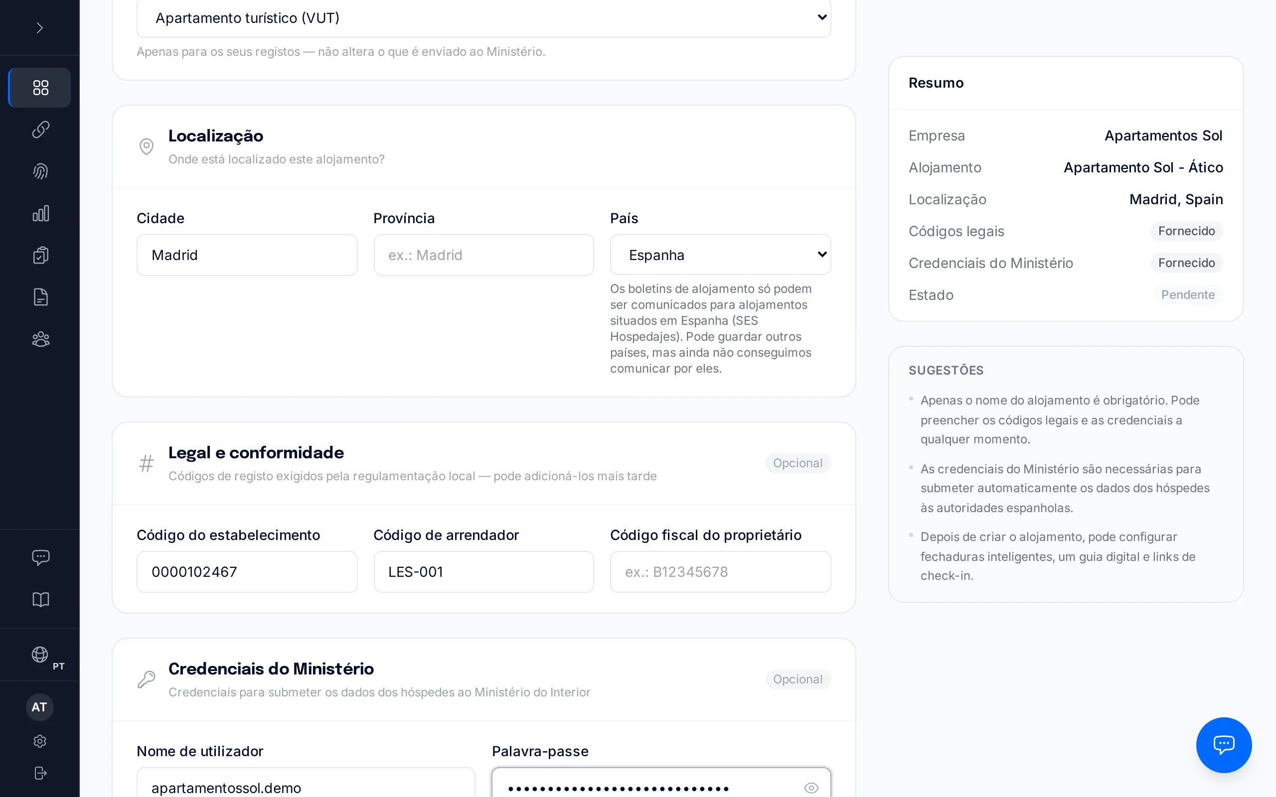 Secção das credenciais do Ministério no formulário de propriedade do BookCheckin, com os campos de utilizador e palavra-passe do serviço web.