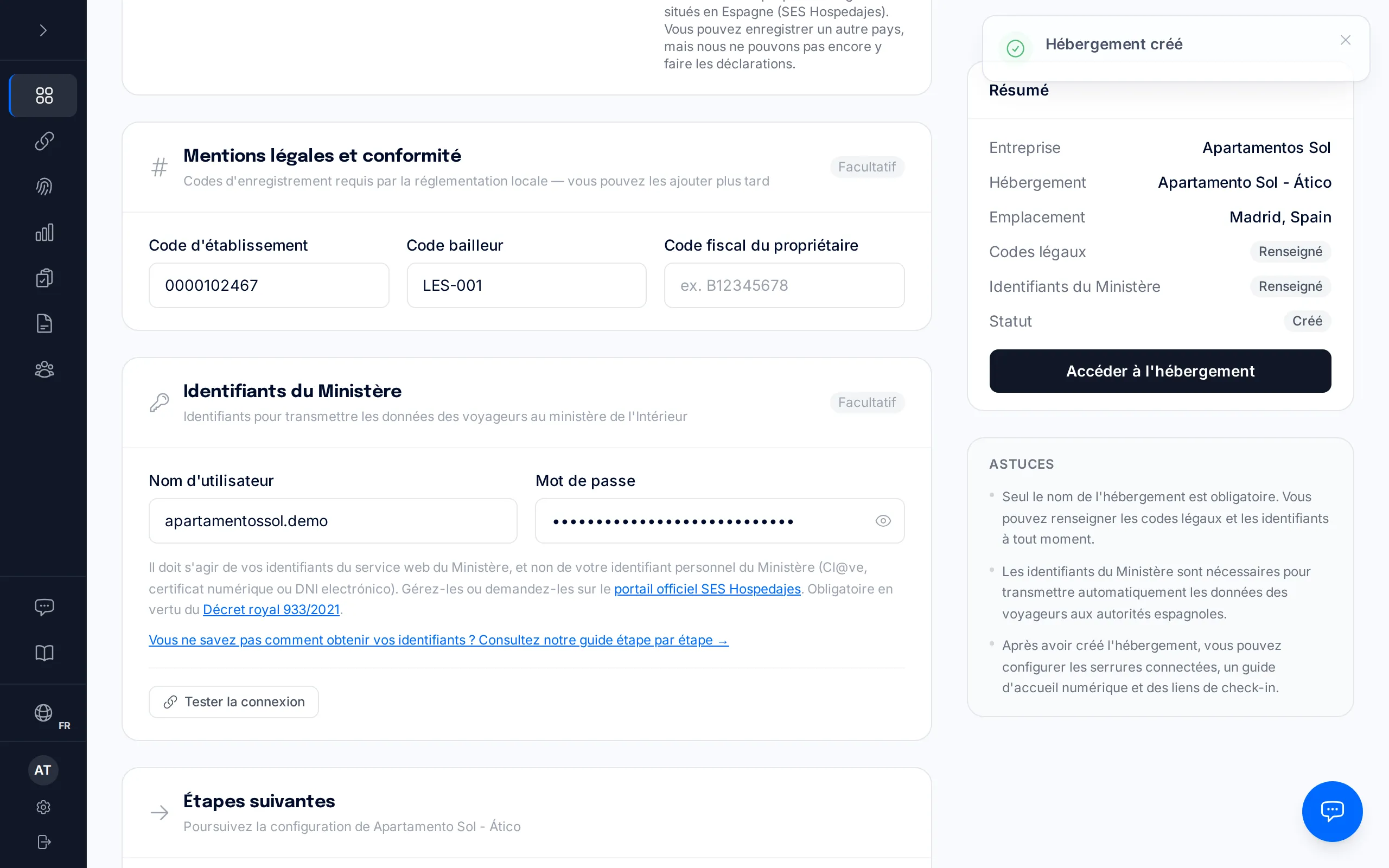 Bouton Tester la connexion affiché sur le formulaire après l'enregistrement de l'hébergement avec les identifiants du Ministère.