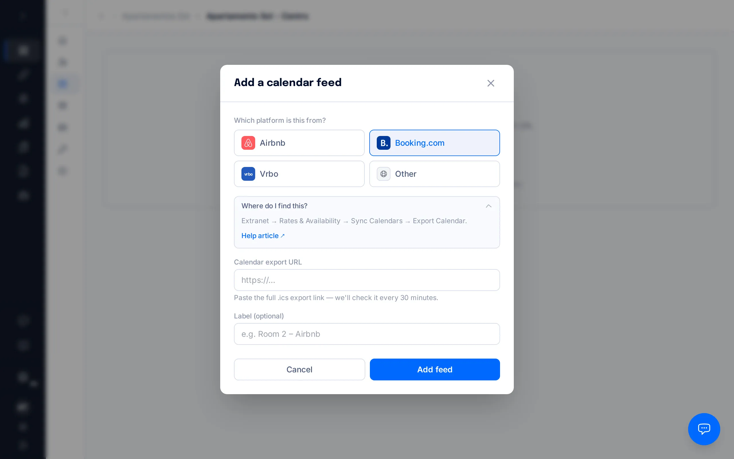 The feed form's platform picker with Booking.com selected and the "Where do I find this?" panel expanded