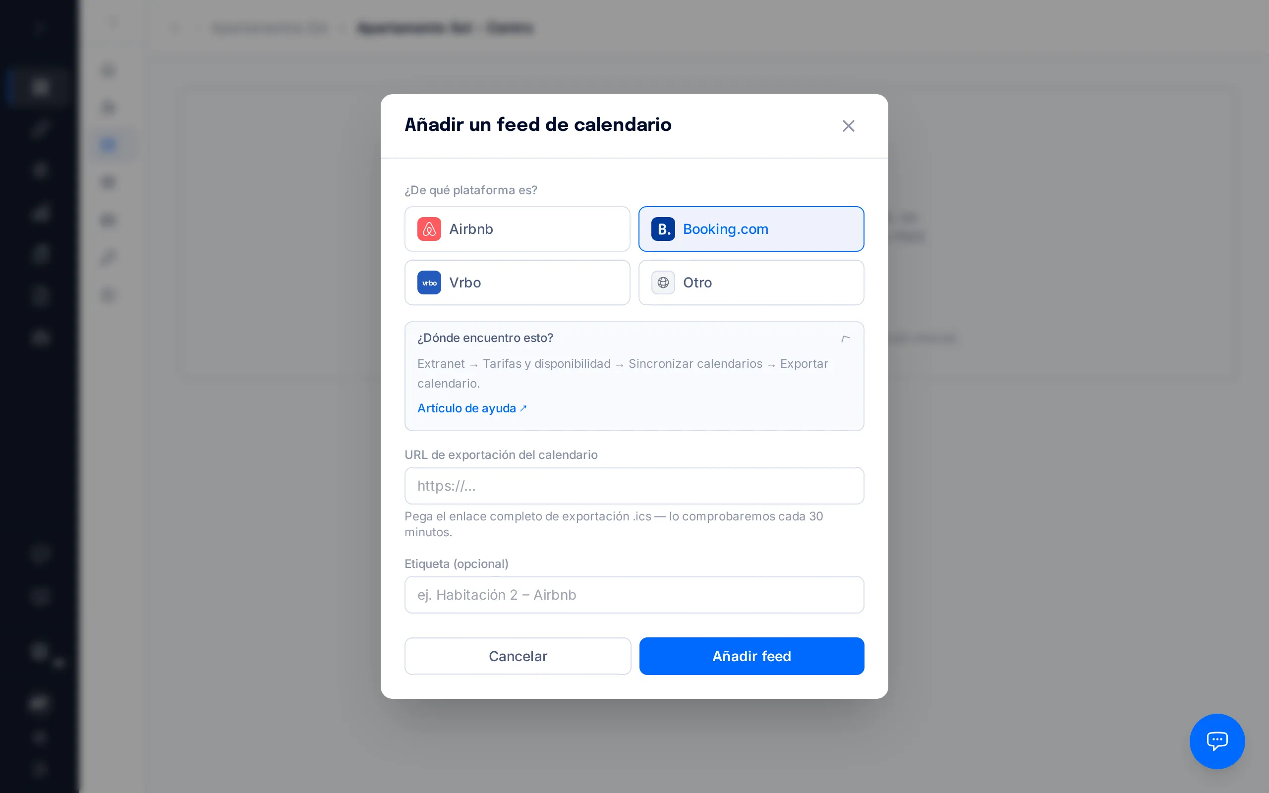 Selector de plataforma del formulario de feed, con Booking.com elegido y el desplegable «¿Dónde encuentro esto?» abierto
