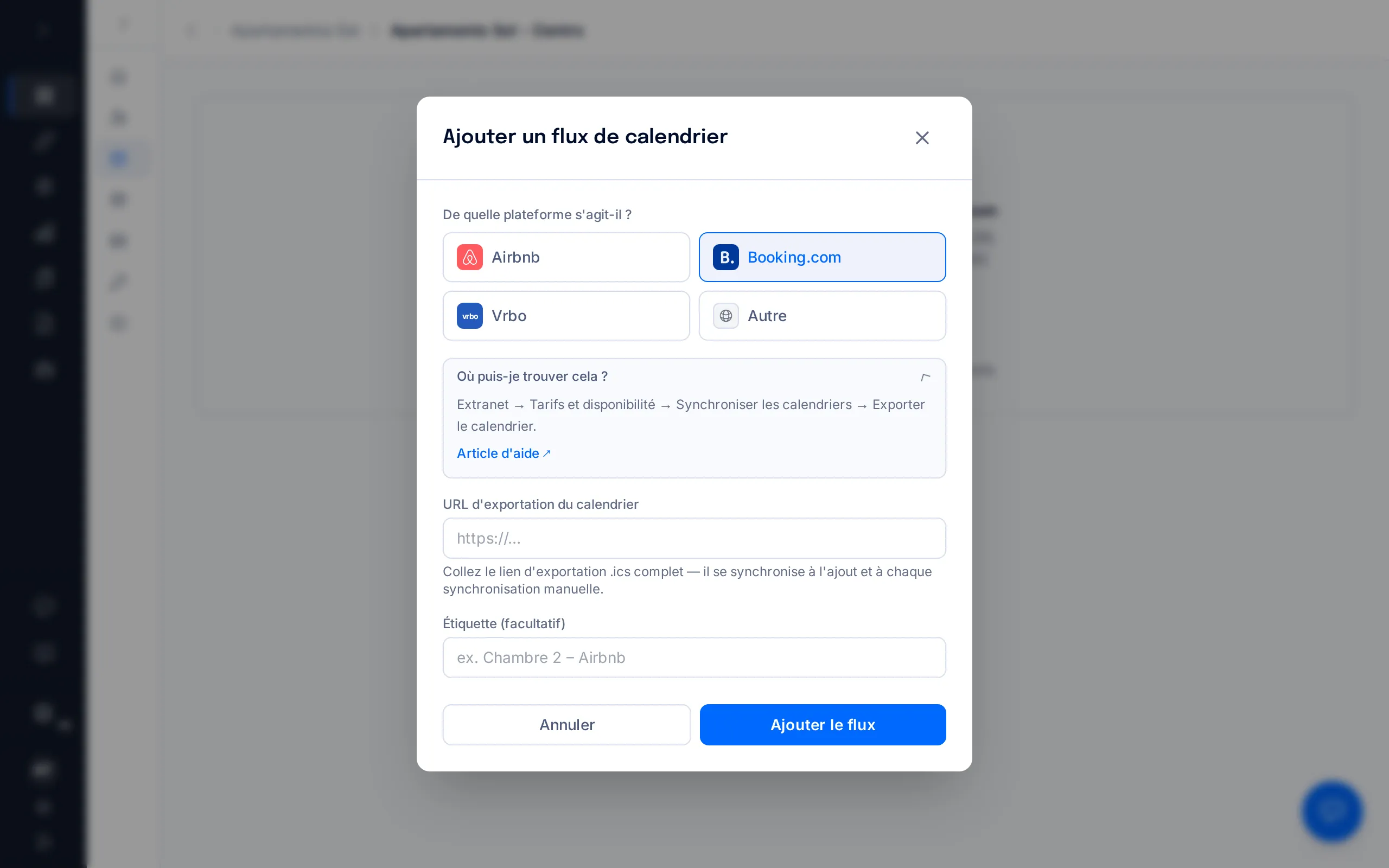 Le sélecteur de plateforme du formulaire de flux, avec Booking.com choisi et le panneau « Où puis-je trouver cela ? » ouvert
