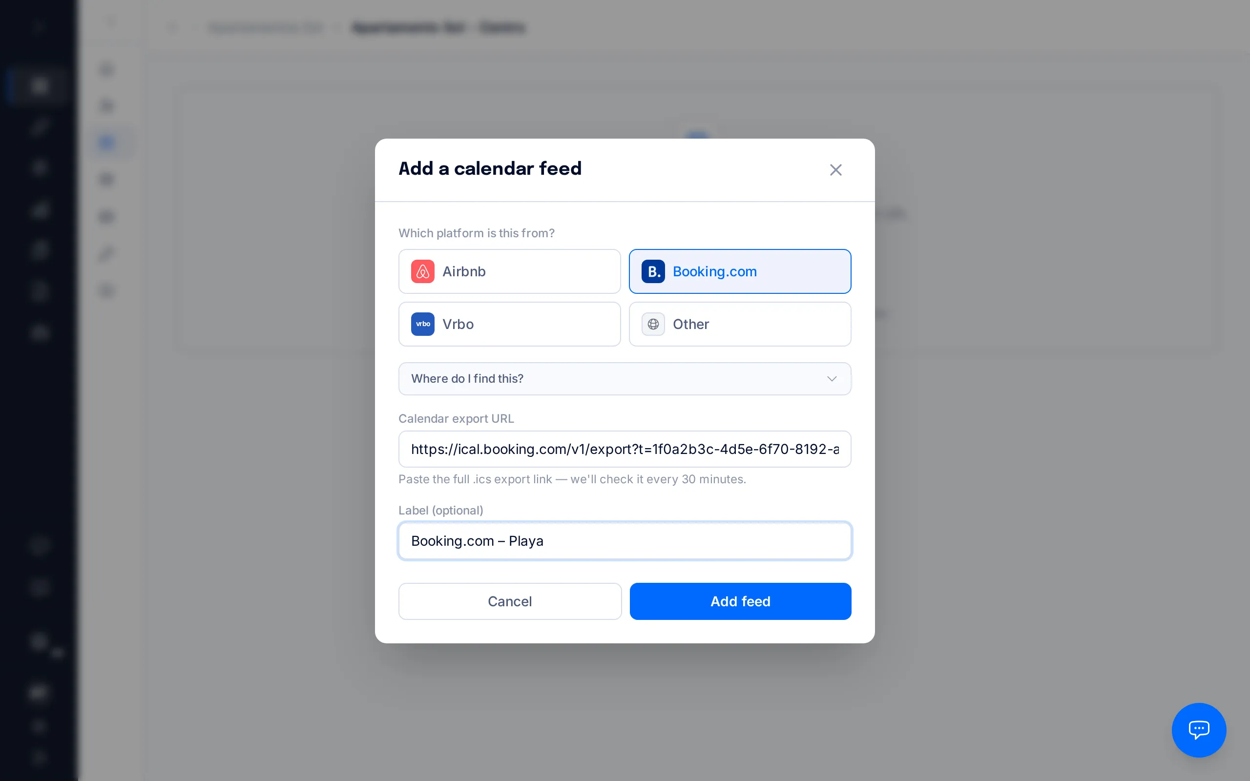 The form with the calendar export URL and label filled in, and the Add feed button highlighted