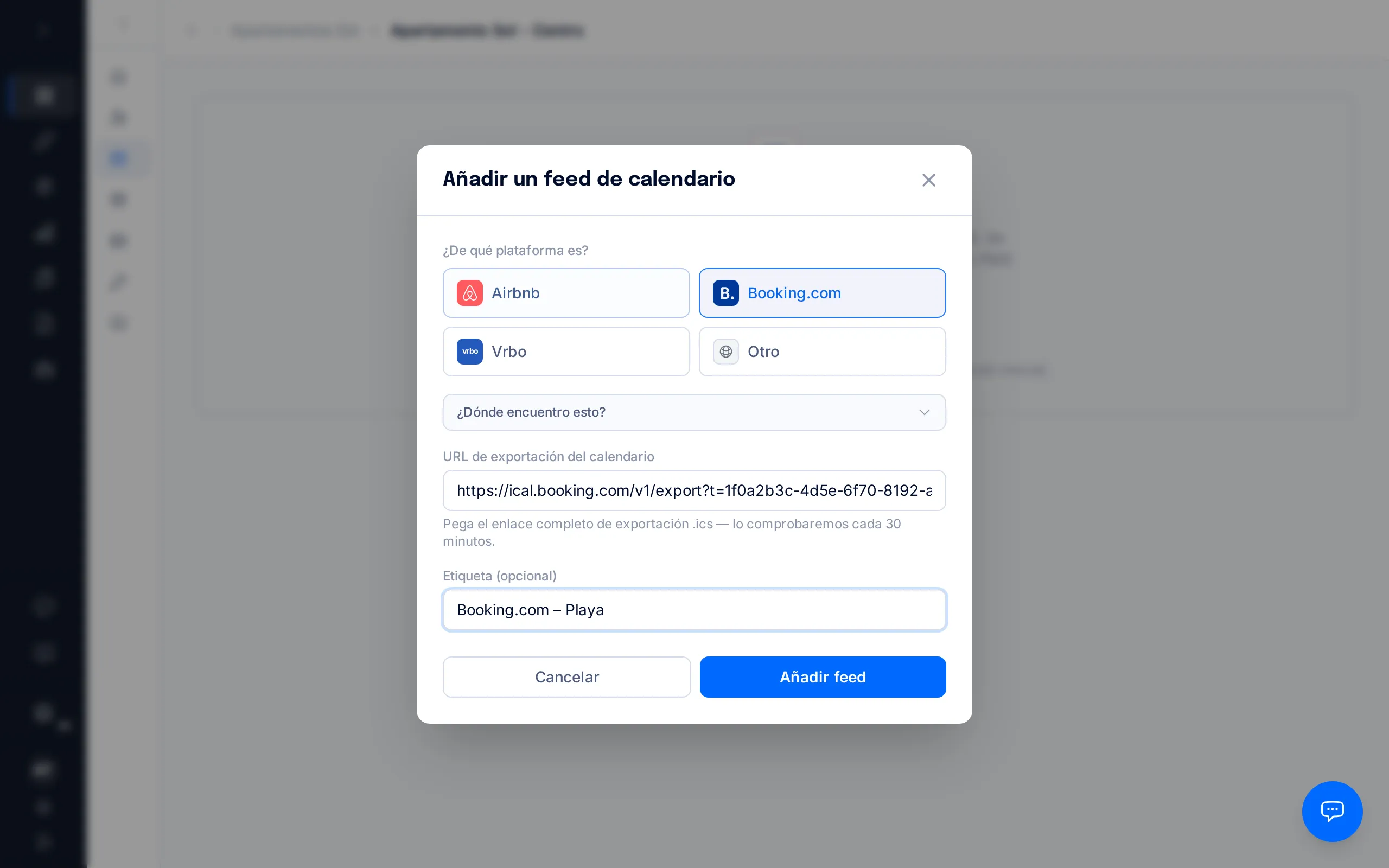 Formulario con la URL de exportación del calendario y la etiqueta rellenadas, y el botón Añadir feed señalado