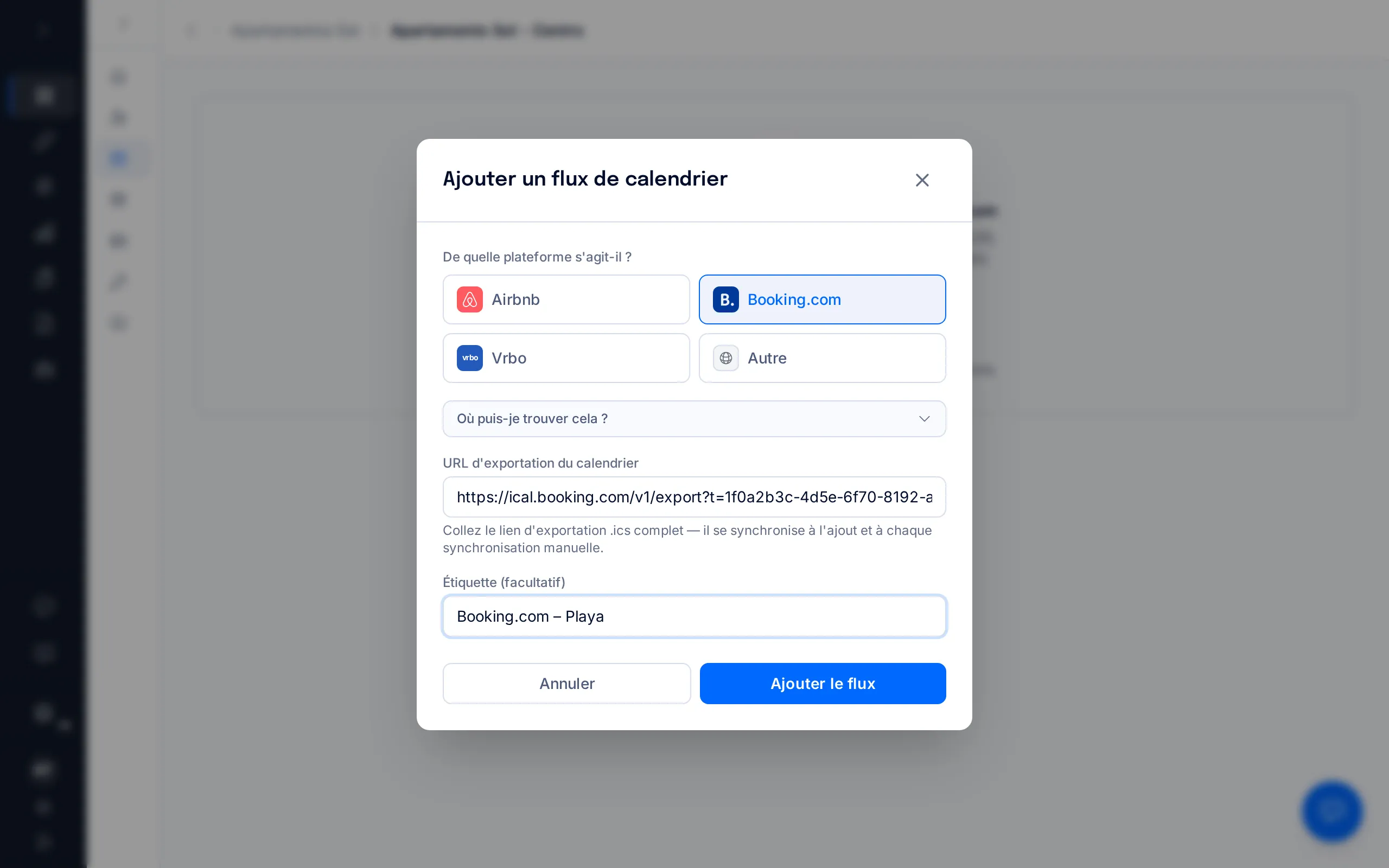 Le formulaire avec l'URL d'exportation du calendrier et l'étiquette remplies, et le bouton Ajouter le flux mis en évidence
