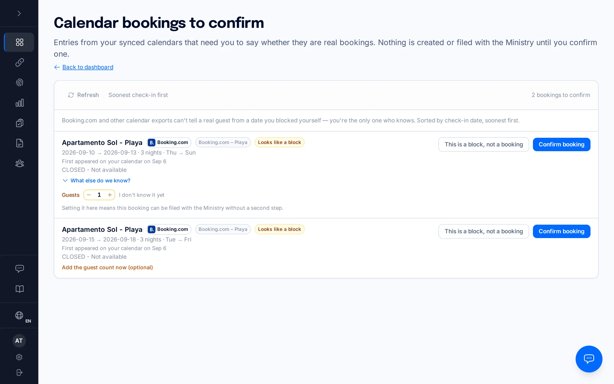 A calendar booking row with the guest-count stepper open and the Confirm booking button highlighted
