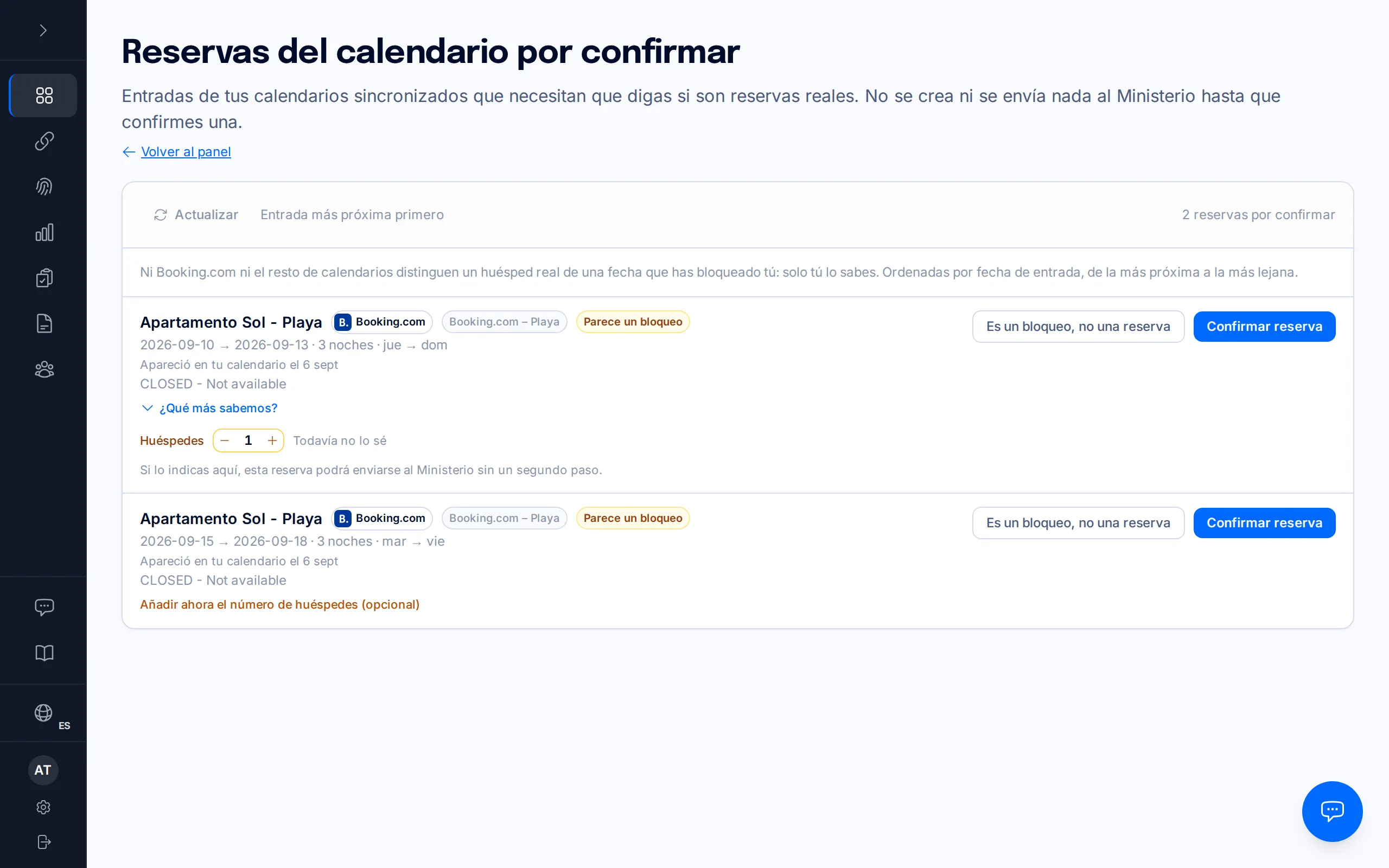 Fila de una reserva del calendario con el contador de huéspedes abierto y el botón Confirmar reserva señalado