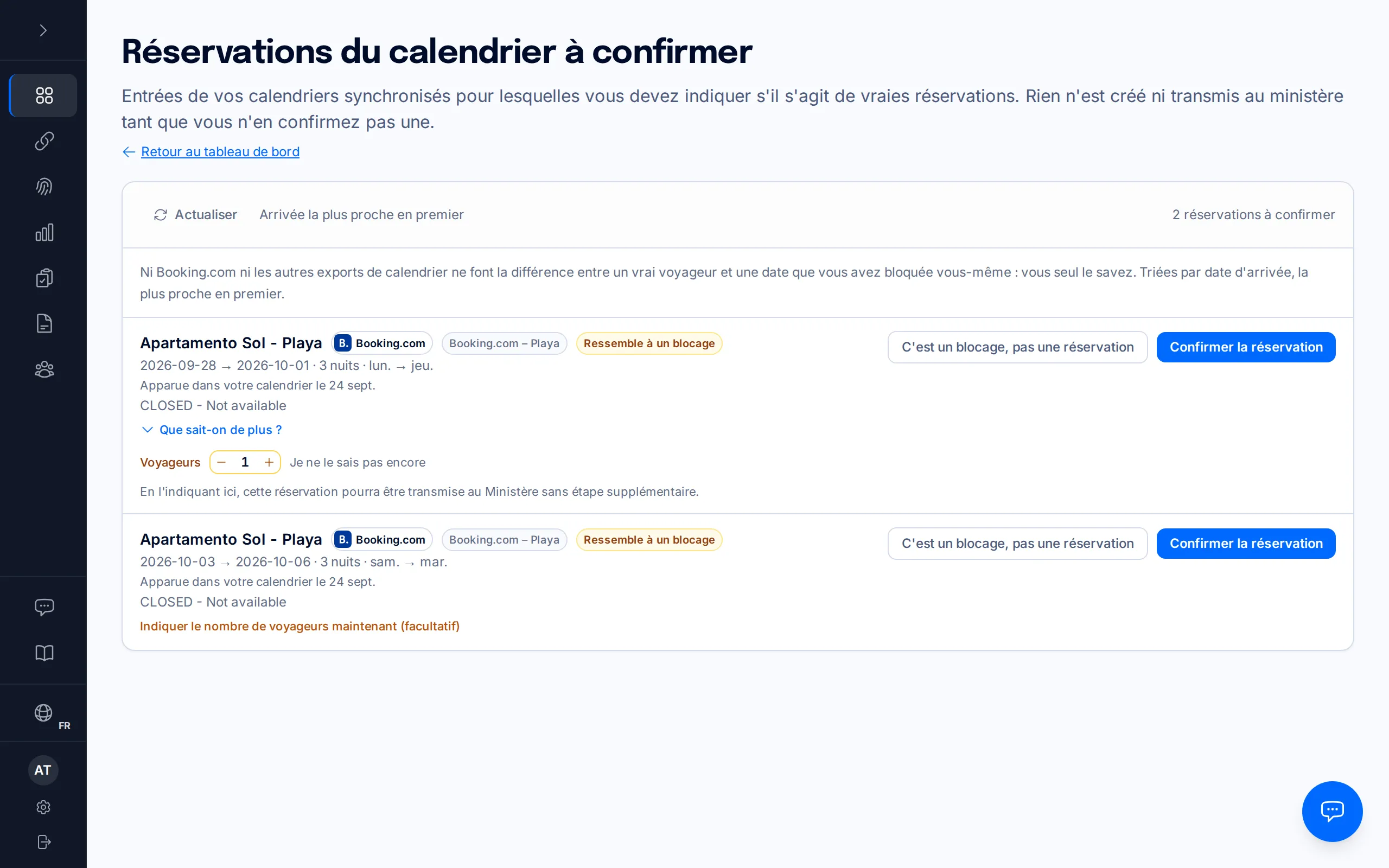 La ligne d'une réservation du calendrier avec le compteur de voyageurs ouvert et le bouton Confirmer la réservation mis en évidence