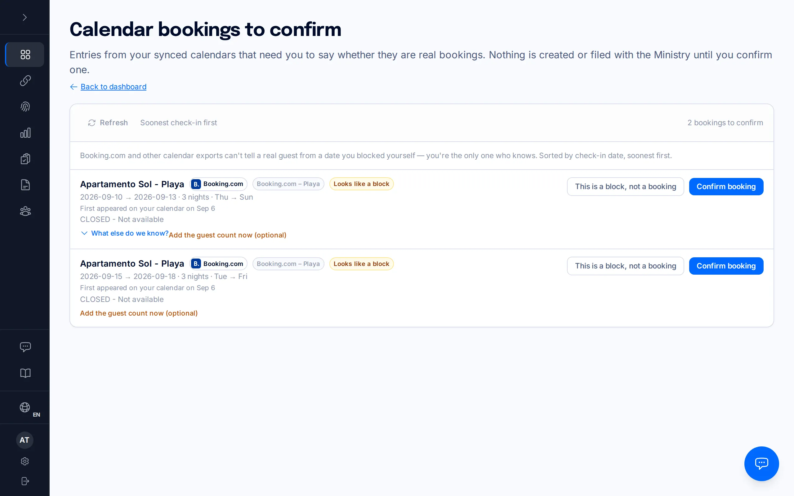 A calendar booking row with the "This is a block, not a booking" button highlighted