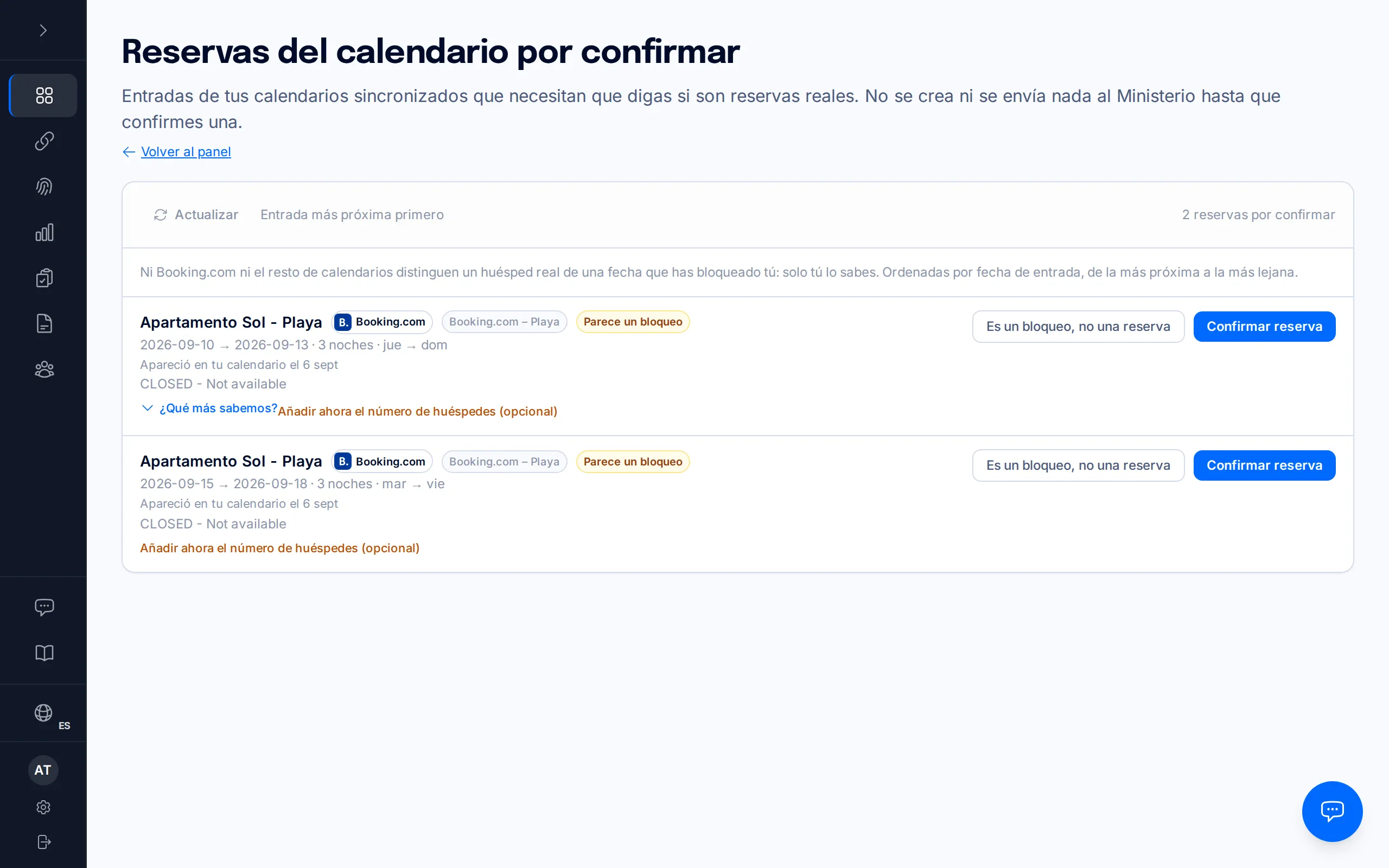 Fila de una reserva del calendario con el botón «Es un bloqueo, no una reserva» señalado