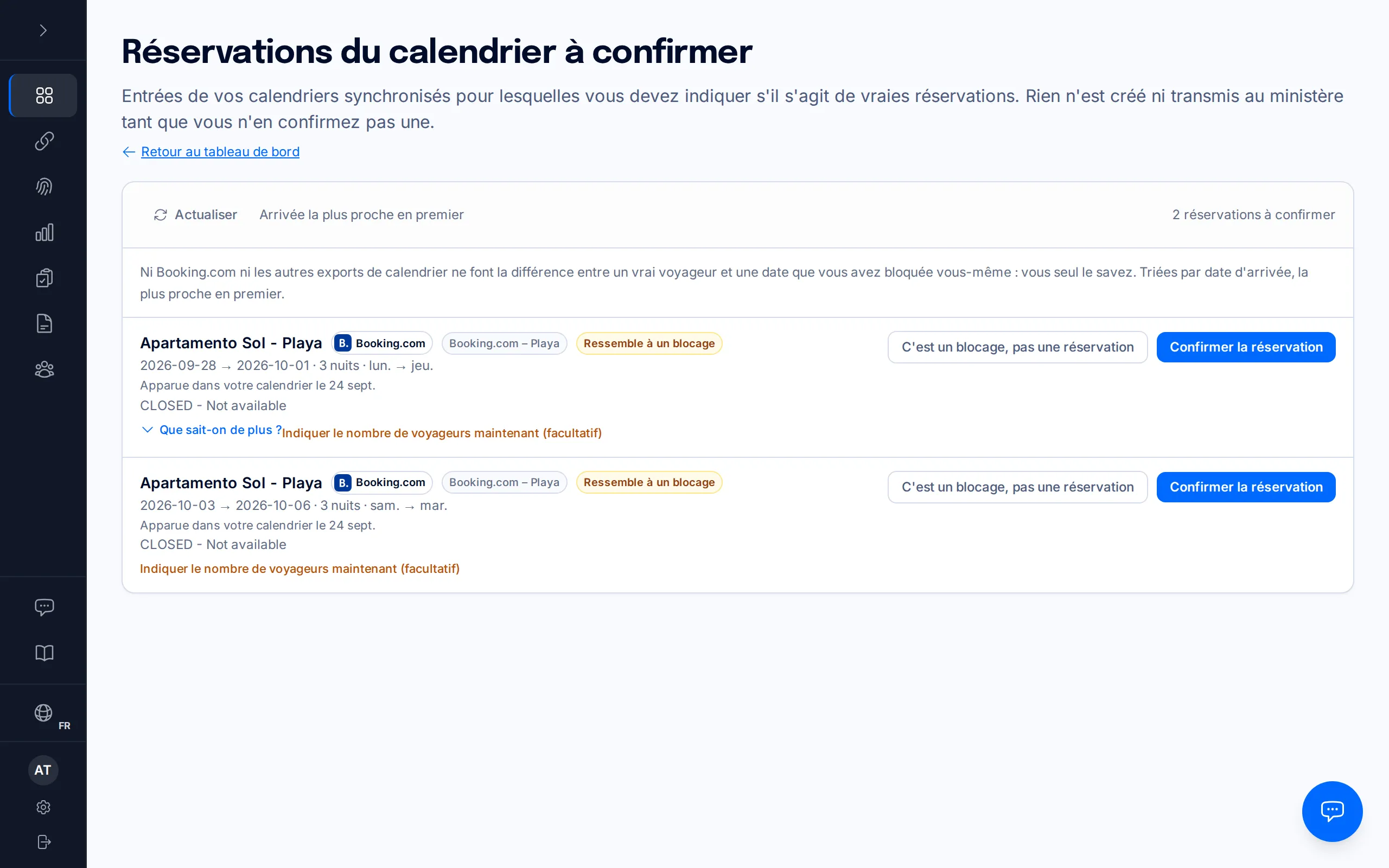 La ligne d'une réservation du calendrier avec le bouton « C'est un blocage, pas une réservation » mis en évidence