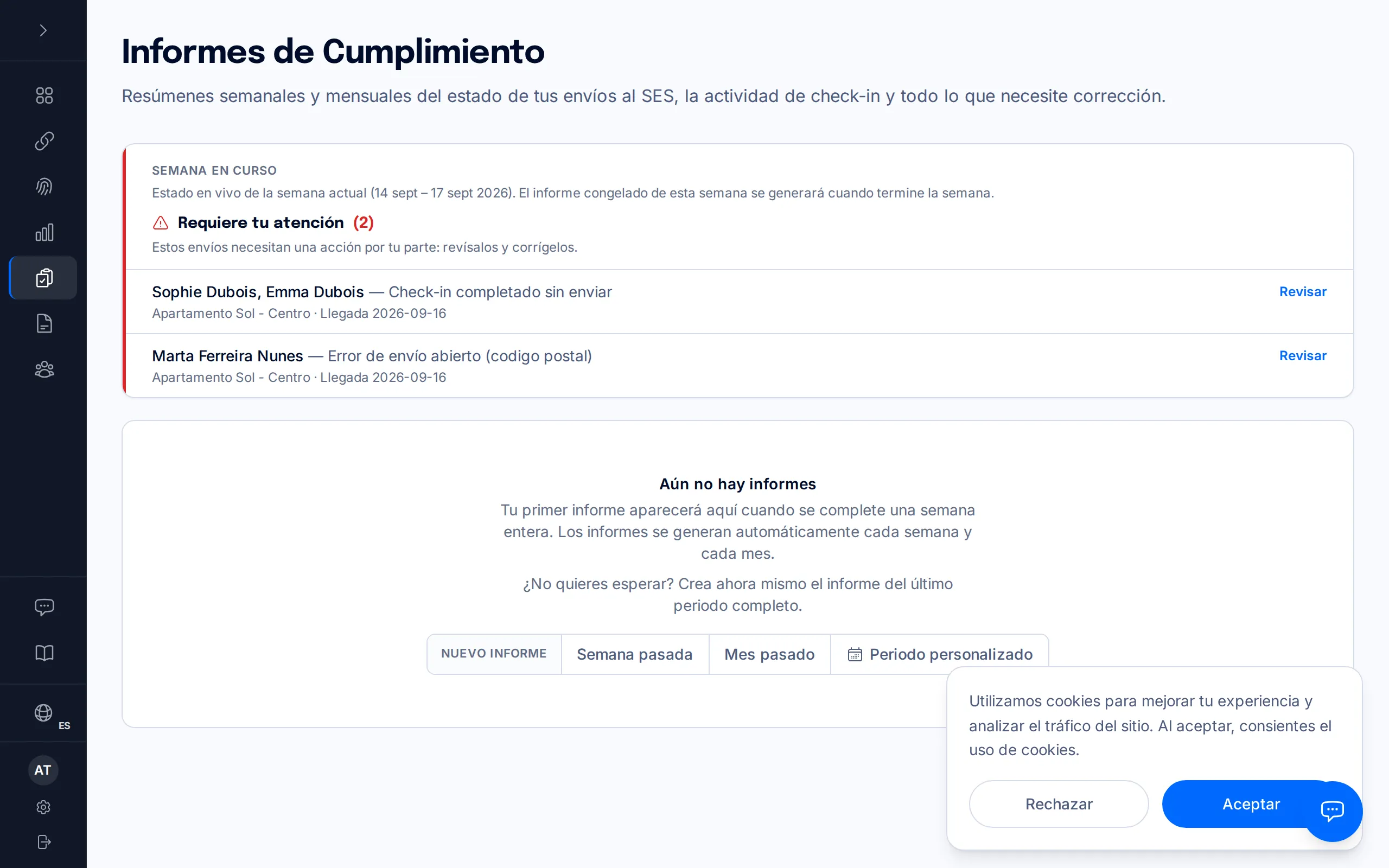Página de Informes de BookCheckin
