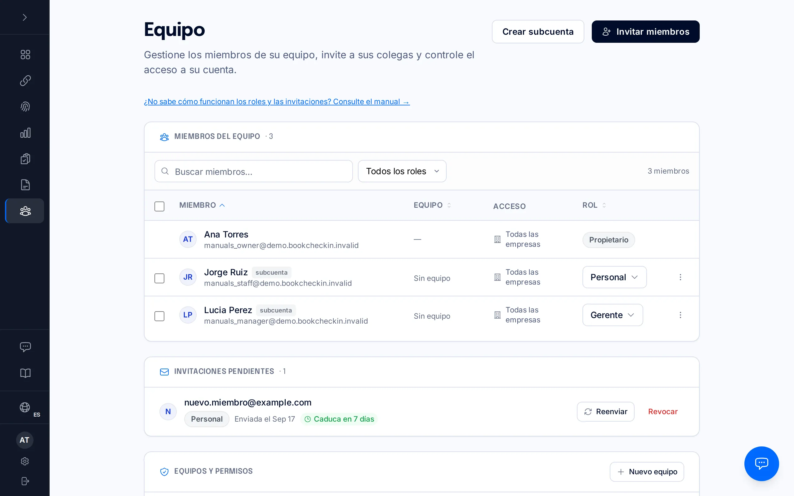 Página de Equipo con los miembros de la cuenta