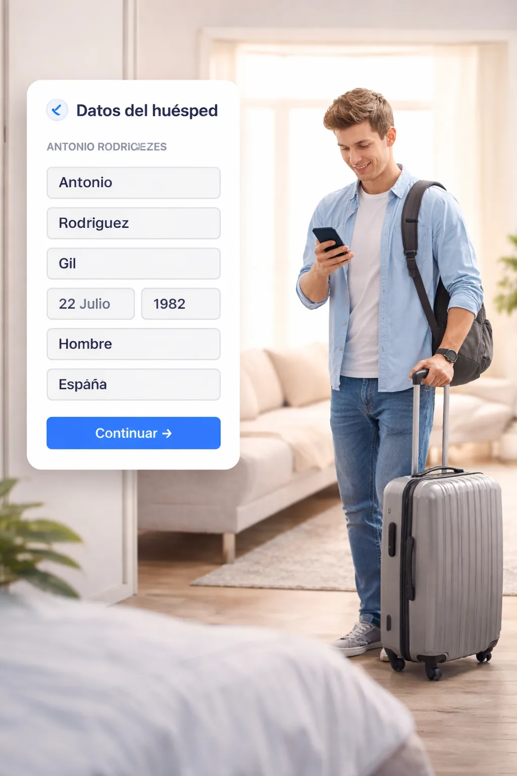 Formulario de check-in online de BookCheckin en un móvil con escaneo de documento